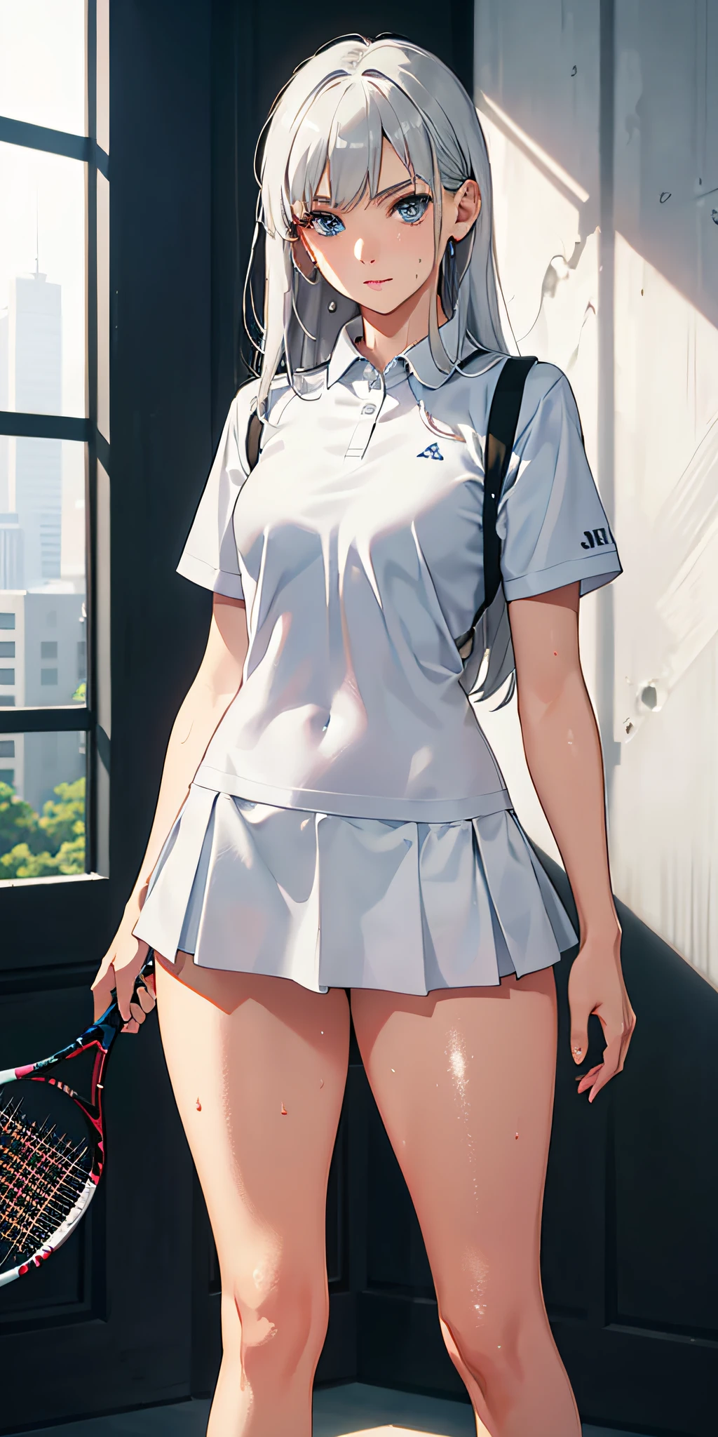 Absurd, Masterpiece, Best Quality, Realistic, Ultra Detail, (Shiny Skin, Sweat: 1.4), Slim, Gaze Viewer, 1Girl, Solo, Tennis Wear, White Polo Shirt, White Sneakers, White Miniskirt, Long Hair, Silver Hair, Blue Eyes, (Thick Thighs: 0.5), Dynamic Lighting, High Resolution, Sharp Focus, Depth of Field, Small Breasts
