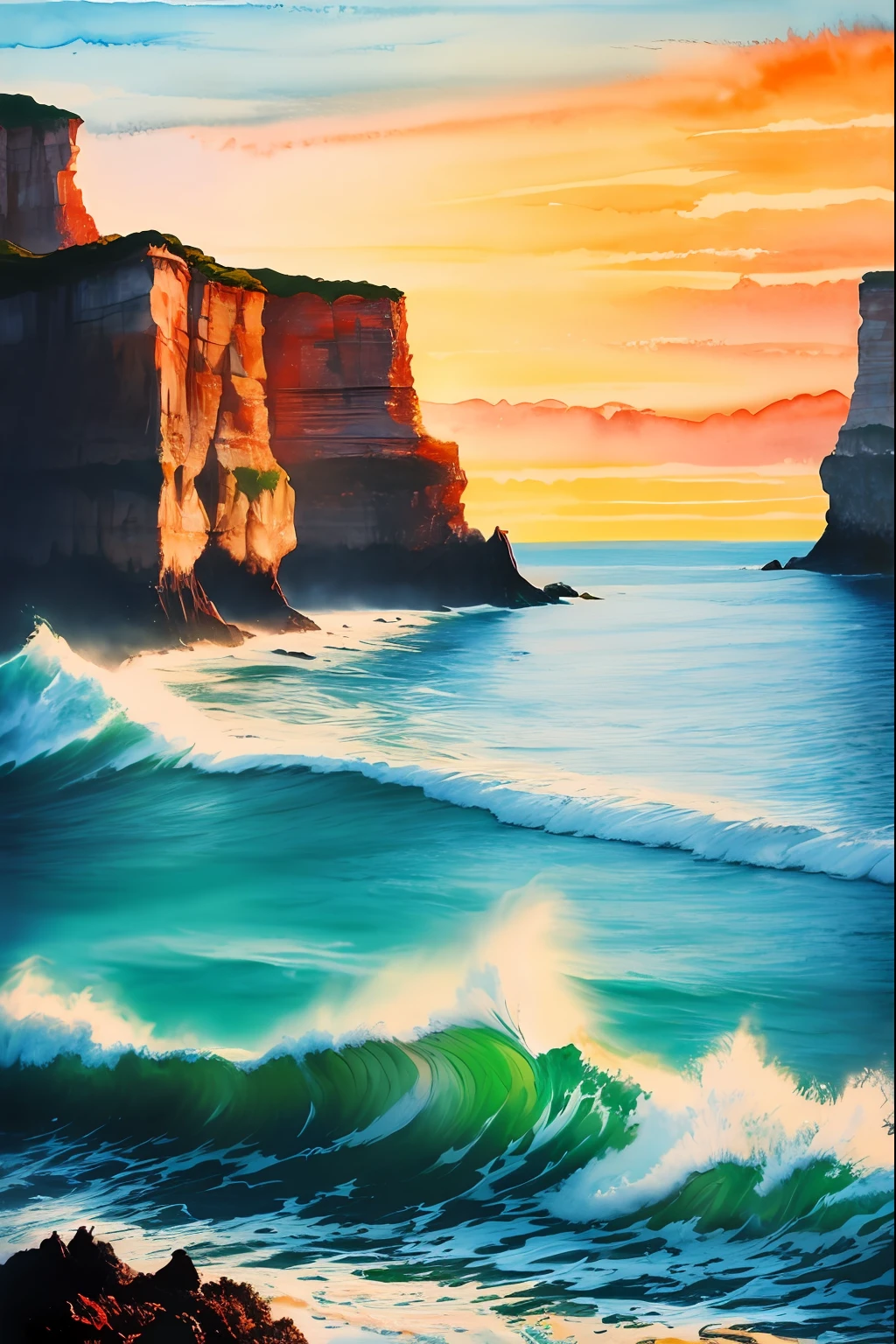 (8k, best qality, MasterPiece，:1.2),(best qality:1.0), (resoulution ultra-Highresolution:1.0),water color,Dramatic cliffs, crashing waves, rugged coastline,extremely luminous bright design, Pastelcolor, (ink:1.3),