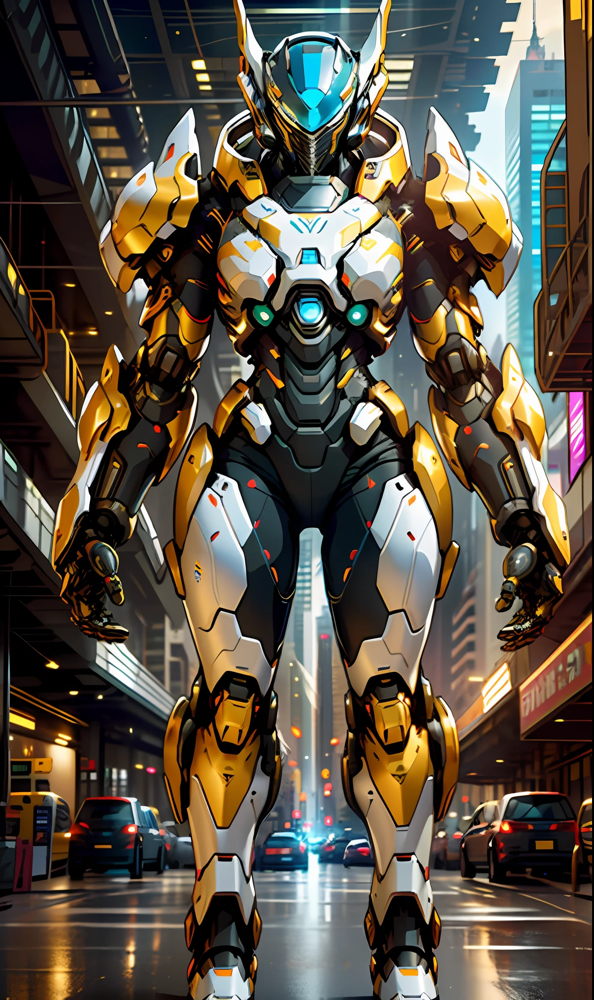 1 woman inside a huge bulky exoskeleton robot , ((bulky)) armor, crystal mecha, psychedelic details,
9d,(city war background), clean lines, negative space, high contrast, gradient color, (golden black),show full body portrait , best images quality, perfect resolution