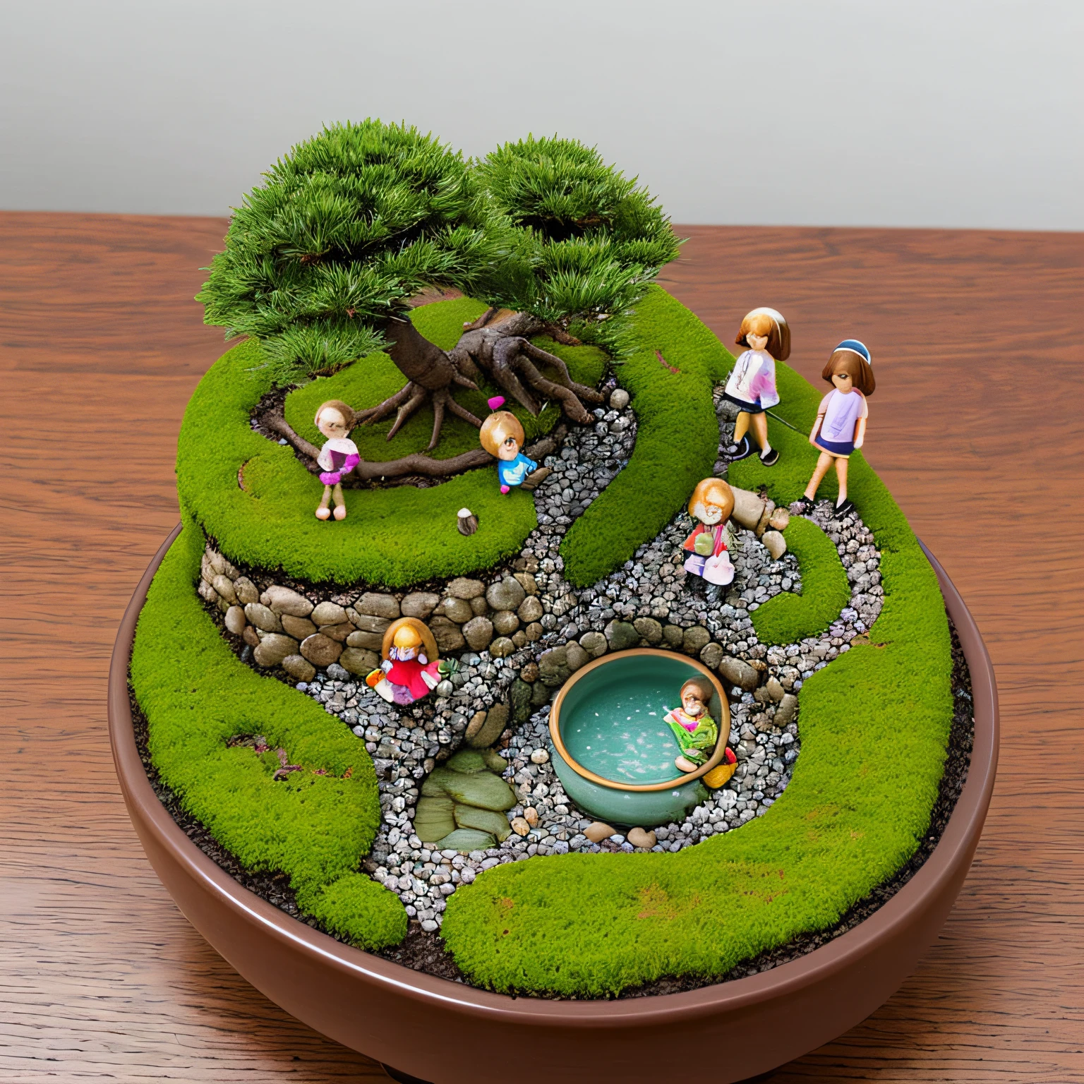 Miniature bonsai landscape with dolls above --auto