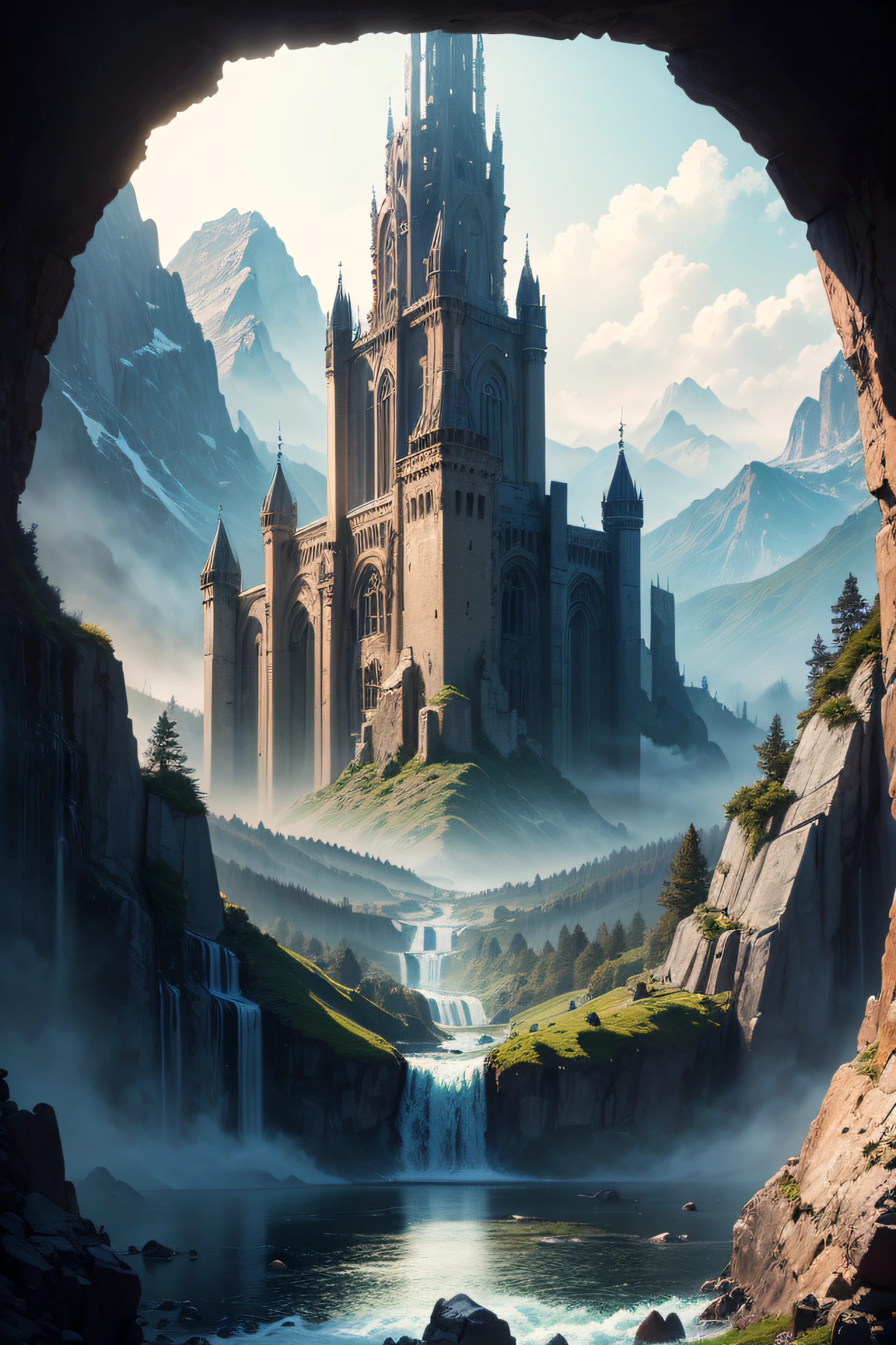 ((best quality)), ((masterpiece)), ((inked)), majestic intricately detailed soft oil painting by jim lee, Majestic vast and beautiful alien fantasy landscape, castles, ruins fortresses, rivers mountains, plains, rainbow color palette, waterfalls forests, depth of field, film grain, smooth, roughness, real life,backlit, hard edge lighting, cinematic Film still from the lord of the rings|krull|cannibal holocaust --auto