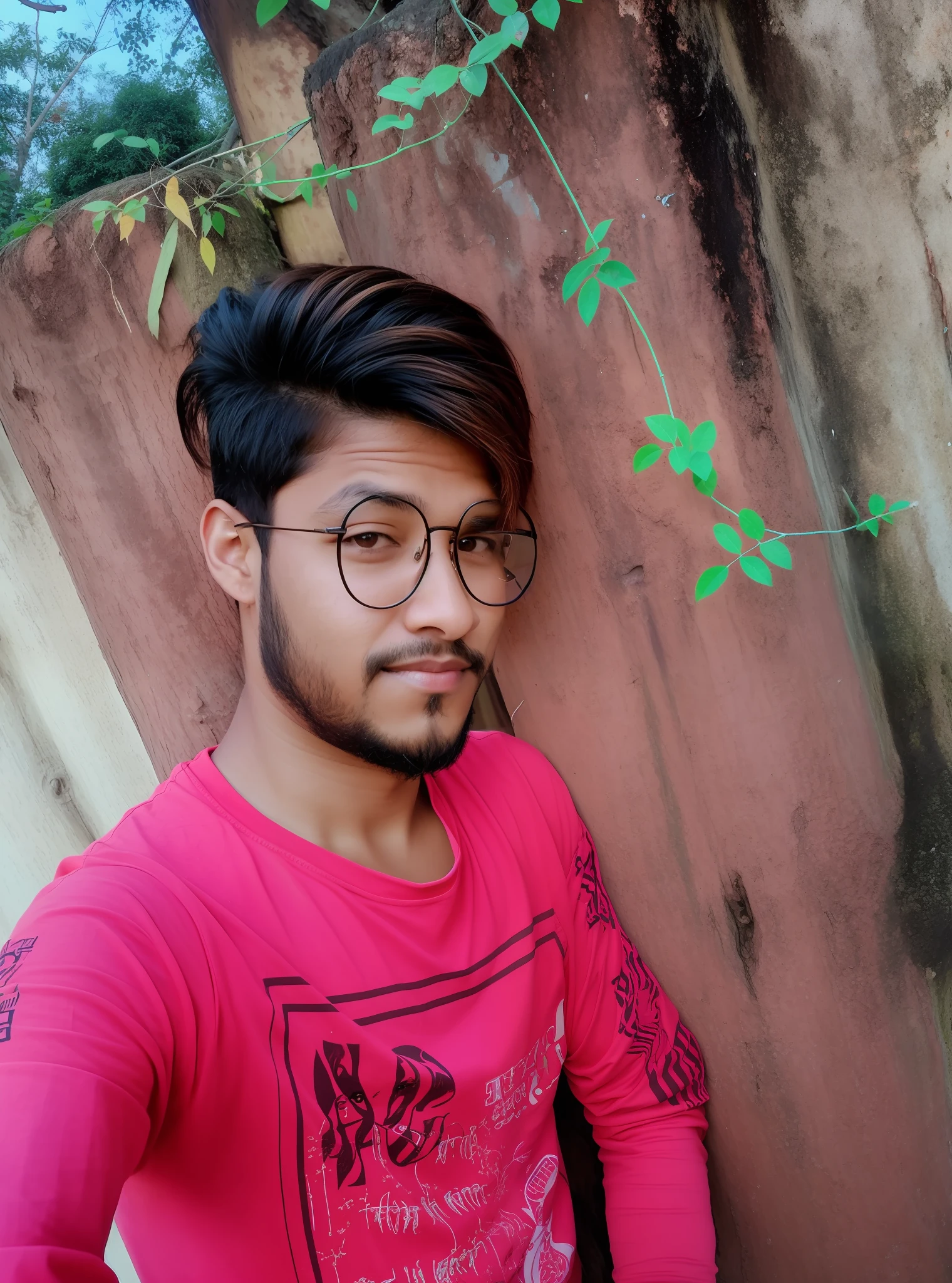 there is a man with glasses standing in front of a tree, with accurate face, assamese aesthetic, ayan nag, good looking face, harsh good looking face, front profile!!!!, facebook profile picture, taken with sony alpha 9, inspired by Bikash Bhattacharjee, very accurate photo, around 1 9 years old, with lovely look, without beard