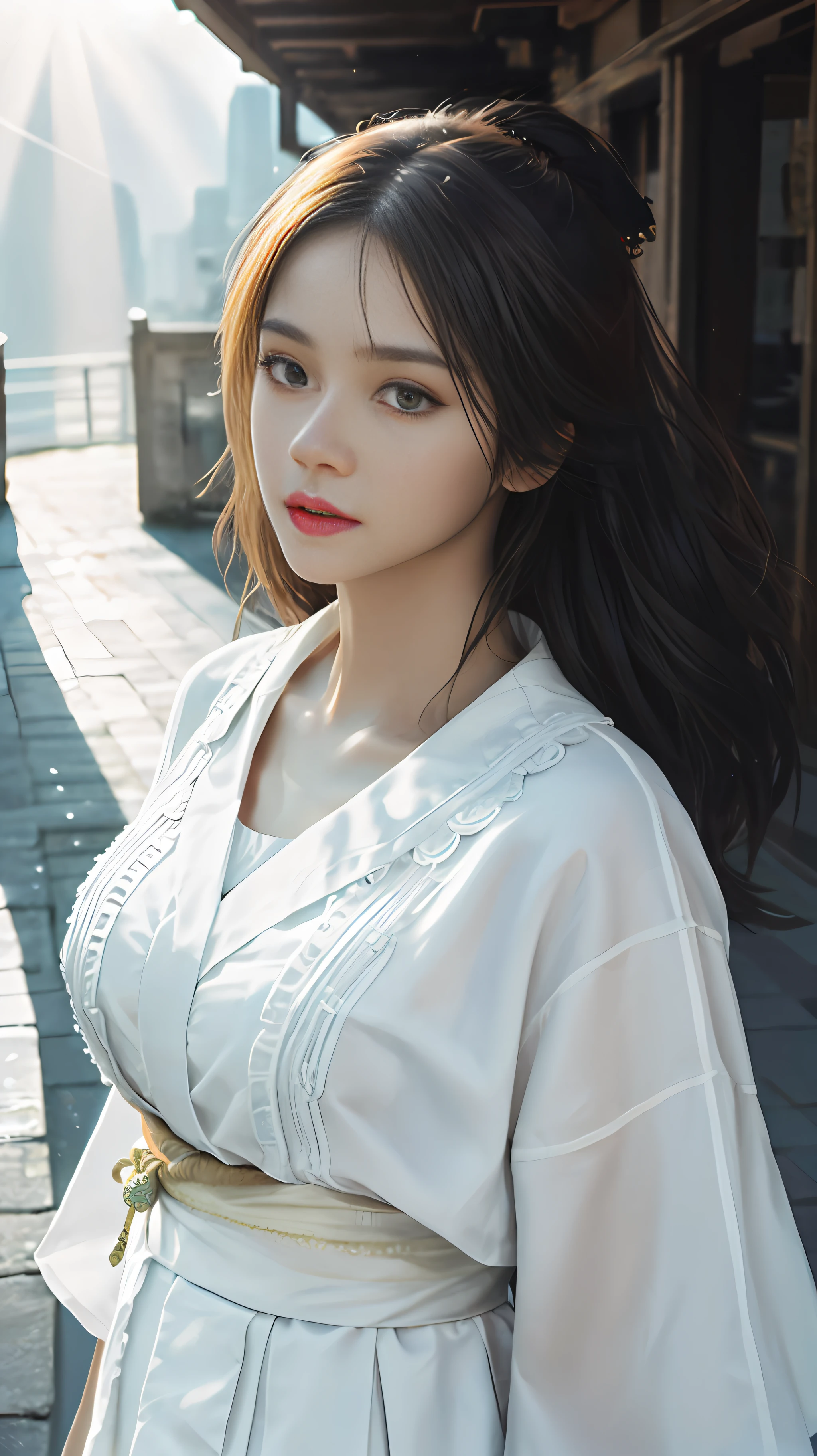 (1个gal girl:1.3), solo, (((very detailled face))),((Very detailed eyes and face))),Beautiful Detail Eye,Body parts__,official arts,Unified 8k wallpaper,mega-detailed,Beautiful and beautiful,bella,MasterPiece,best best quality,primitive,MasterPiece,ultra fine photo,best best quality,resoulution ultra-Highresolution,photorealistic realism,sunrays,full - body portrait,amazingly beautiful,,dynamicpose,Delicate Faces,large breasted,vibrant eye,(FROM FRONT), large breasted,short miko skirt,Very detailed city roof background,Detailed face,detailed complex busy background,untidy,Ornate,Milky White,Highly detailed skin,Realistic Skin Details,Visible pores,Crisp focus,volume fog,8K UHD,digital DSLR camera,high quailty,filmgrain,Fair Skin,Photo realism,