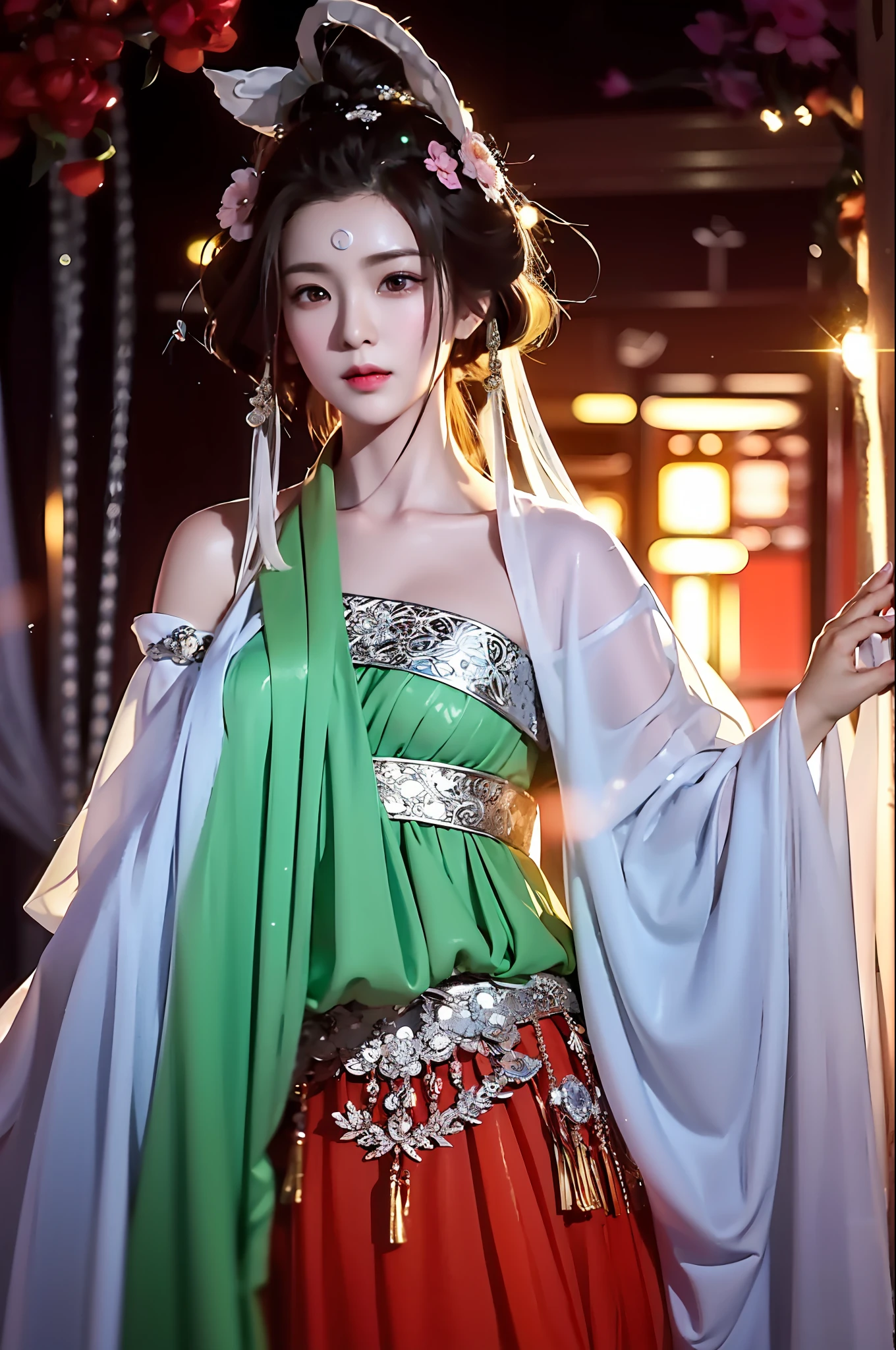 There is a girl in a green dress, plum blossoms, palaces, oriental architecture ray tracing, {best quality}, {{masterpiece}}, extremely detailed 8K wallpaper, {an extremely delicate and beautiful}, colorful, intricately detailed, Realistic, real, camera quality, (detailed depiction of clothes), cool white skin, (detailed depiction of blush), 1080p, sun, soft cuteness, smooth light silver hair, messy beauty, lighting, broken feeling, bright and silky skin , 3D stereoscopic, masterpiece, best quality, super fine illustration, beautiful eyes, very fine light, fine glow, very fine 8K CG wallpaper, peach eyes, red pupils, an extremely delicate and beautiful girl, 8k Wallpaper, best quality, full body close-up, white long dress, luxurious silky bright red chiffon floodlight (magic, glitter, ultra-thin, soft,) Hanfu