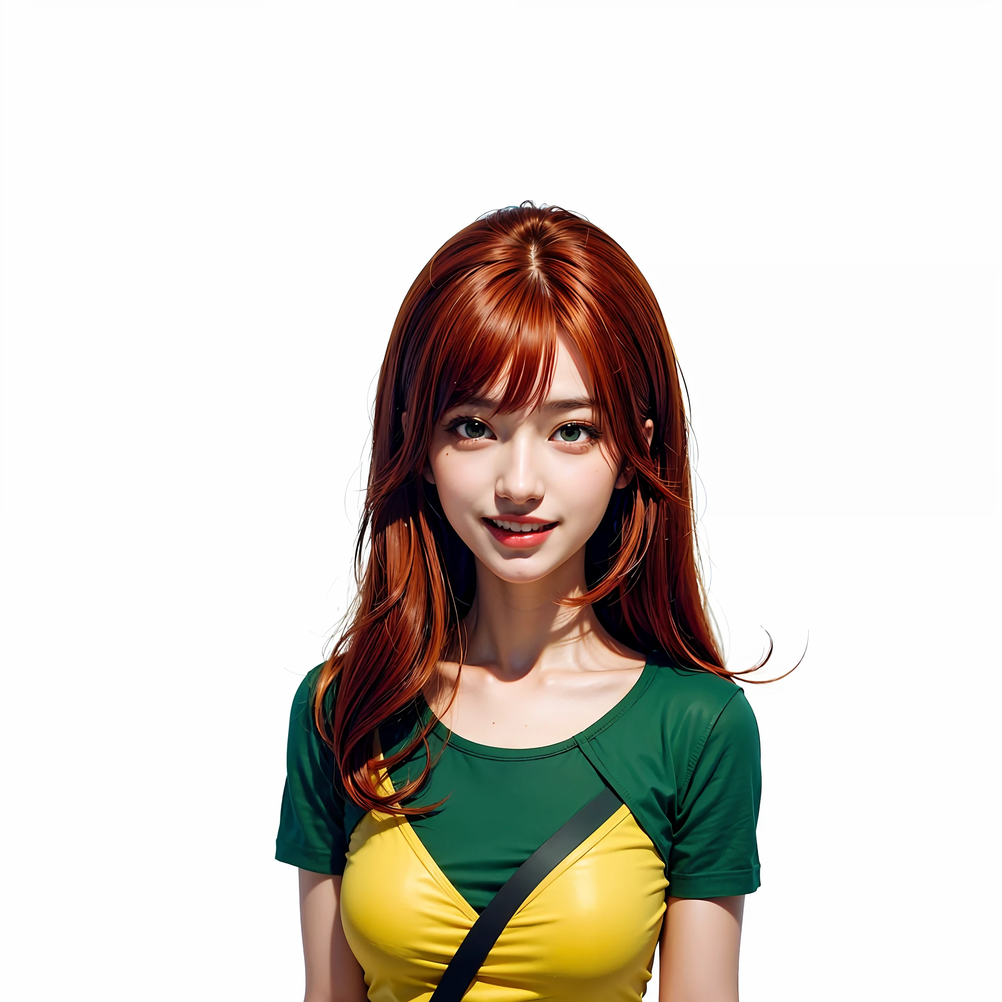 anime girl with red hair and green shirt standing, in an anime style, anime style character, in anime style, female anime character, she has red hair, anime character, dramatic smile pose, an anime girl, as an anime character, anime woman, (anime girl), with red hair, she expressing joy, (yellow eyes:1.3), (red hair:1.5)