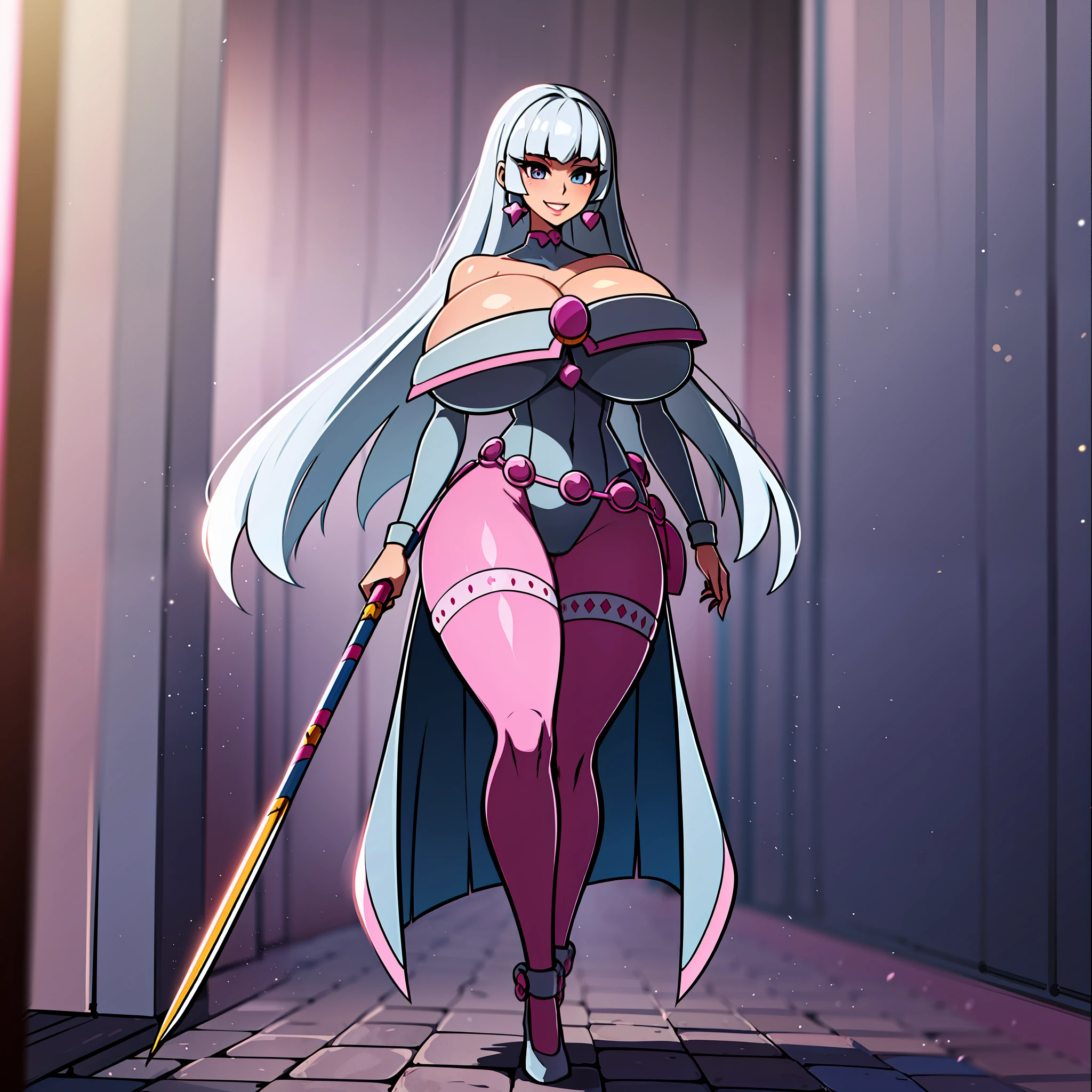 silver hair, big breast, magical girl, full body , walking, alone, 1character, smile