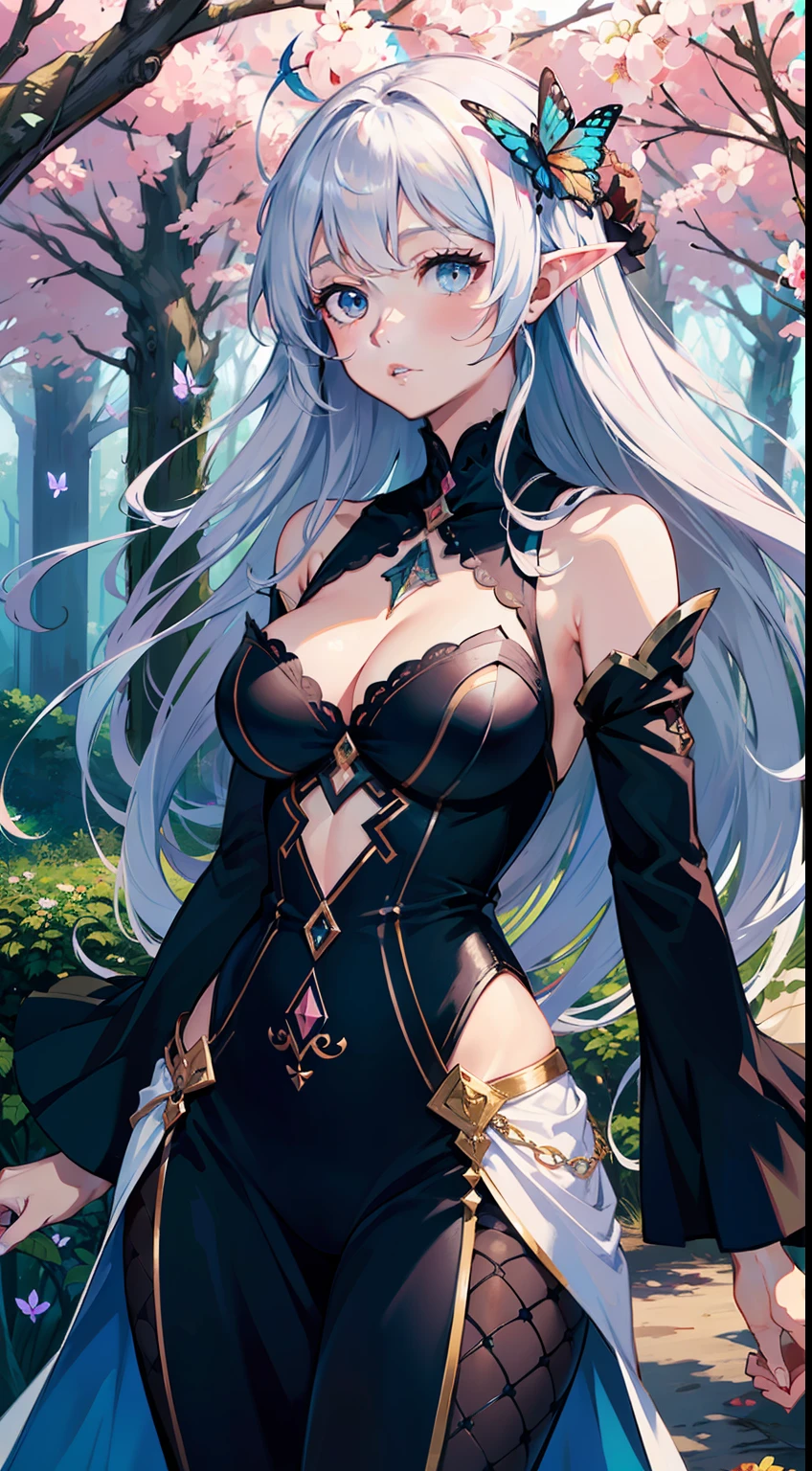 RAW photo of,photorealistic,best qality,MasterPiece,,illustration,extremely detailed,CG,Unification,8kwallpaper,Amazing,Finely detail,MasterPiece,,best qality,official arts,extremely detailed CG unity 8k wallpaper,absurds,unbelievably ridiculous,Huge File Size,Ultra-Detailed,Hi-Res,extremely detailed,1 girl,Perfect face,Perfect eyes.,gradation hair,multicolored hair,White colorful hair,Medium chest,fantastical forest,with towering trees and twisting vines. The sky is a soft shade of pink,and butterflies flit about,adding to the whimsy of the scene. in the foreground,a pair of unicorns stand gracefully,their manes blowing in the gentle breeze. A group of fairies flit about,Wherever they go,can spread magic.,Dynamic Angles,