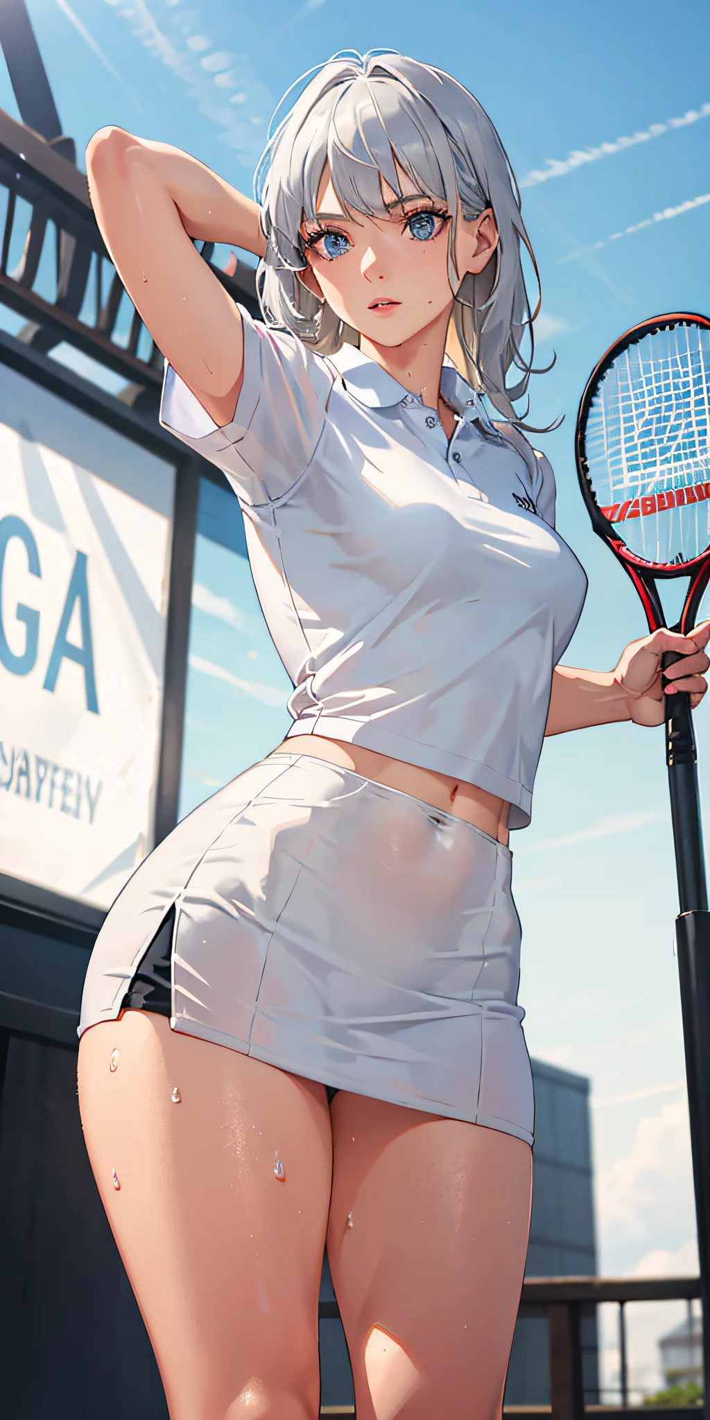 Absurd, Masterpiece, Best Quality, Realistic, Ultra Detail, (Shiny Skin, Sweat: 1.4), Slim, Gaze Viewer, 1Girl, Solo, Tennis Wear, White Polo Shirt, White Sneakers, White Miniskirt, Long Hair, Silver Hair, Blue Eyes, (Thick Thighs: 0.5), Dynamic Lighting, High Resolution, Sharp Focus, Depth of Field, Small Breasts