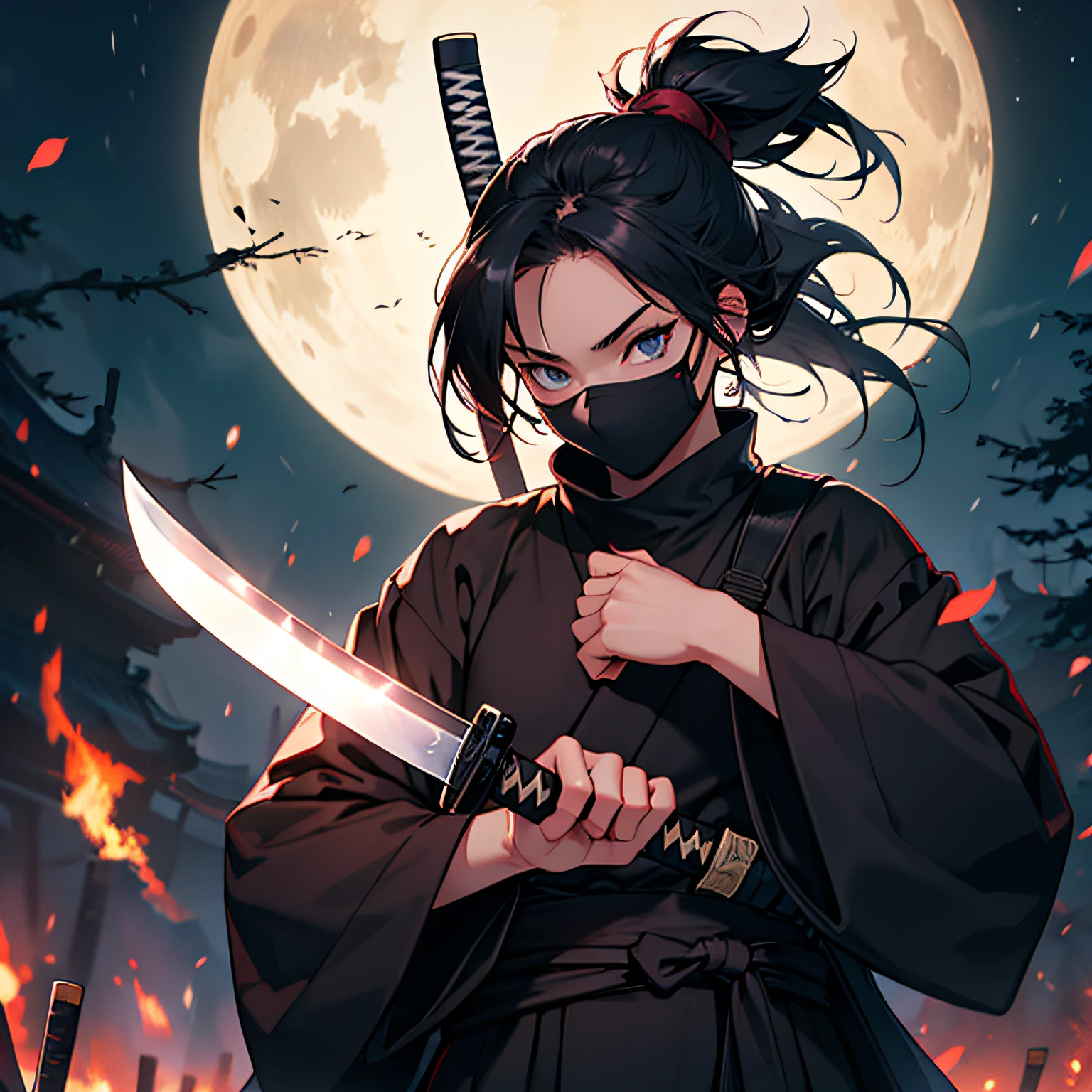 Ninja girl with samurai mask holding a katana with each hand over the darkness of the night --auto