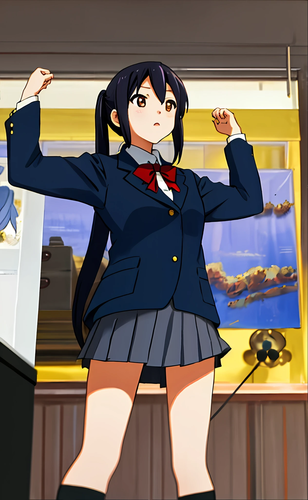 1girl, (((MasterPiece))), Max Quality, Max Quality, High Details, Azusa Nakano, 1girl, Sakuragaoka High School Uniform, musical instrument, Student uniform, Twin tail, slong hair, BLACK HAIR, BROWN EYES, solo, reddish, Dark blue blazer with thin red ribbon, Solid white buttoned shirt under blazer, An illustration, comic, soothing tones, Muted Colors, Soft cinematic light, adobe lightroom, photo lab, HDR, Complex and highly detailed、(((depth offield))))。(((MasterPiece)))。(((Max Quality))).)((super-detailed)))。(((An illustration))).Spread your arms.Be proud.Despair face.Clench your fists.evening.