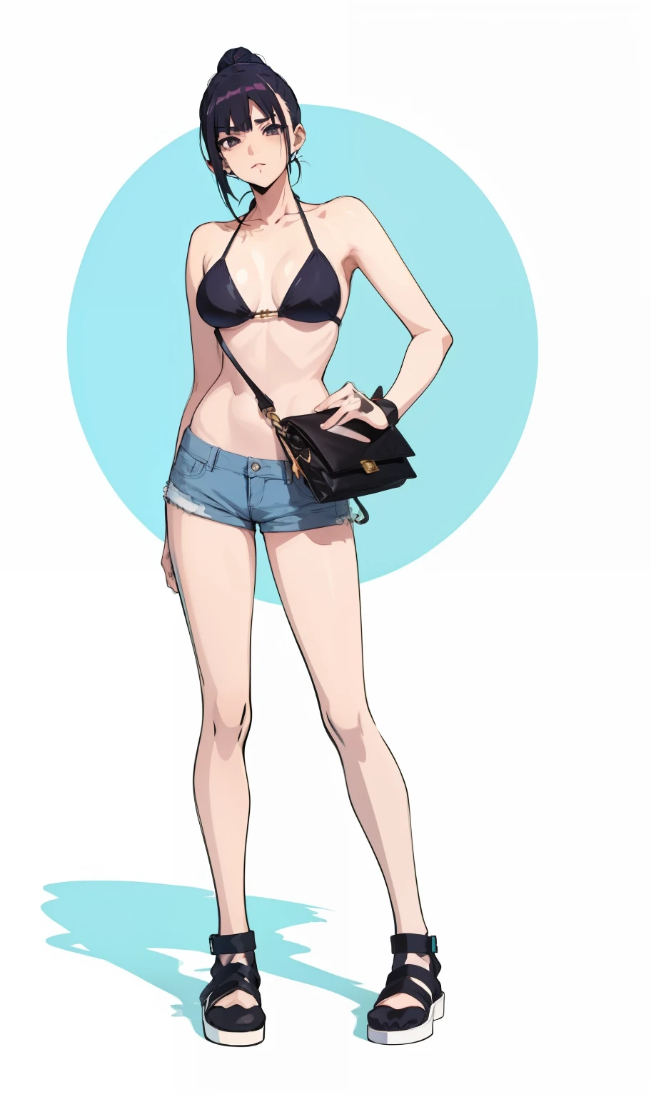 cartoon of a woman in a  top and shorts with a purse, de meninas da linha de frente, meninas estilo linha de frente, detalhes finos. meninas da linha de frente, foco nas coxas, menina anime sedutora, roupa reveladora, noire cena mal-humorada, estilo anime , cell shaded adult animation, SFW Version, (sfw) seguro para o trabalho, Varied positions,  grandes, cabelo preto