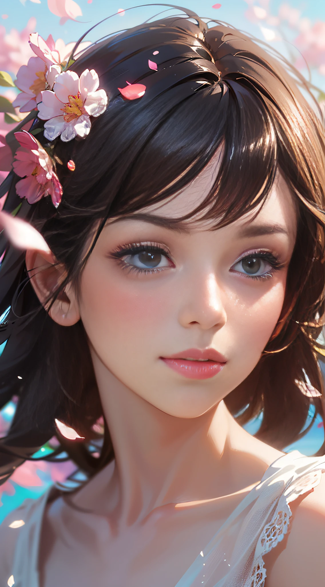 (best quality, masterpiece, ultra-realistic), 1 beautiful and delicate portrait of a girl, playful and cute, with floating petals in the background