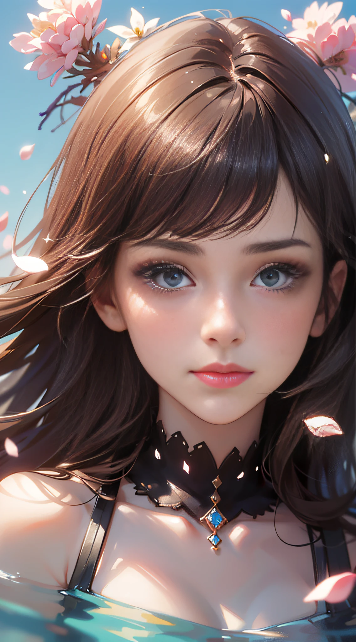 (best quality, masterpiece, ultra-realistic), 1 beautiful and delicate portrait of a girl, playful and cute, with floating petals in the background
