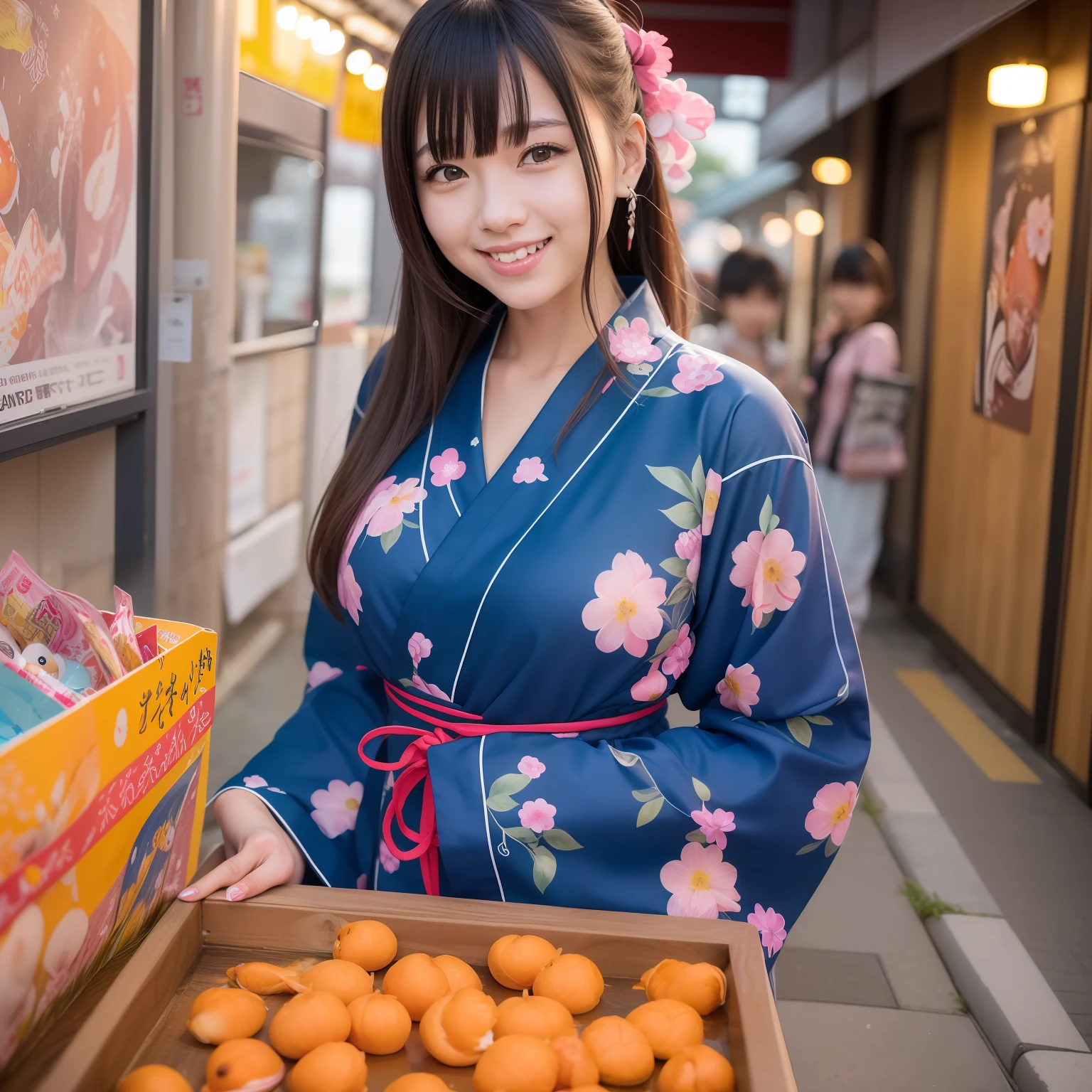 2D anime　festival　A very happy girl wearing a blue yukata with a goldfish pattern next to her face　In front of the stall　River　Bright and vivid fireworks are going up　Cute smile　HI-RES