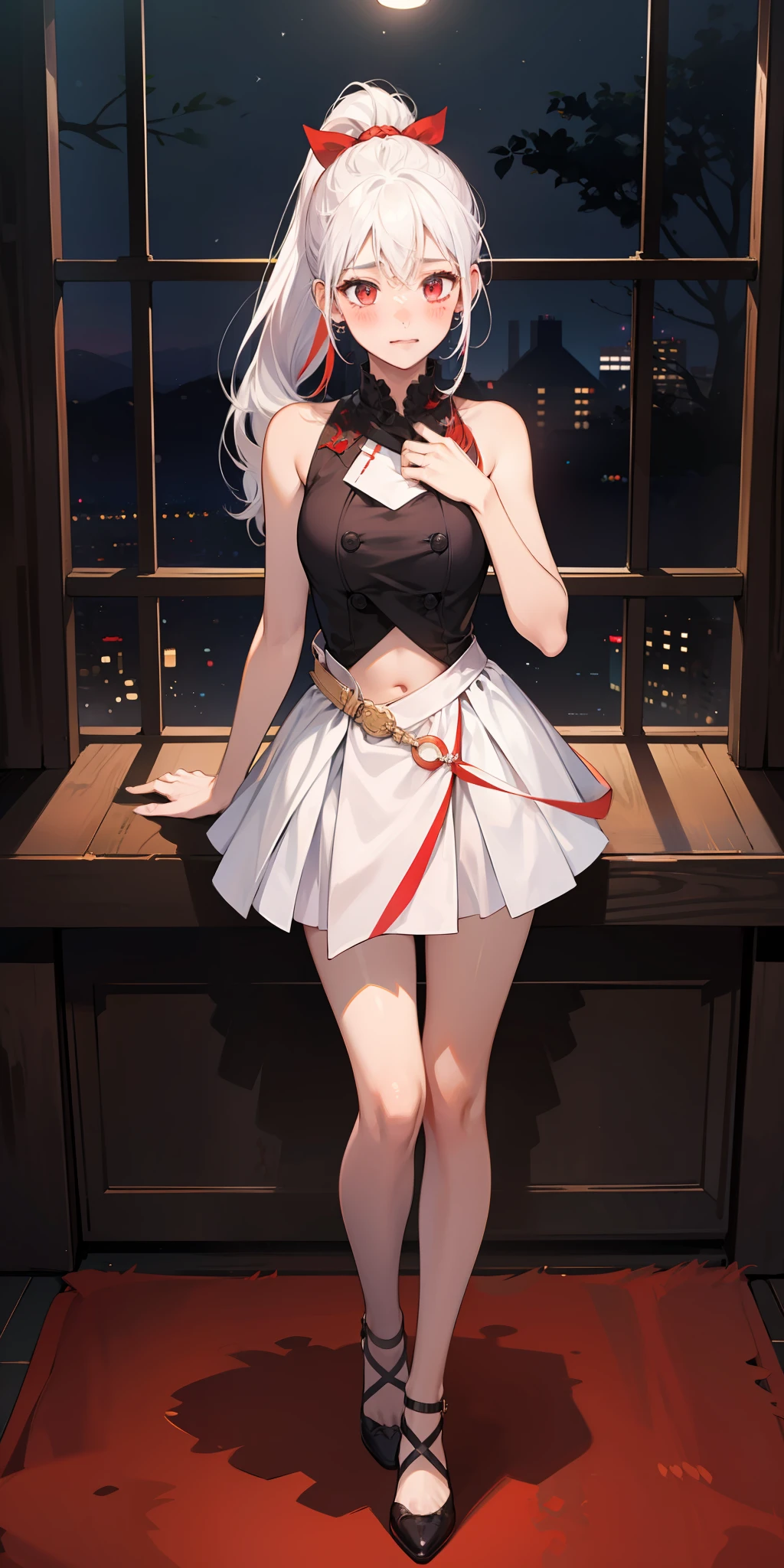 (Max Quality)，(depth offield)，(full body)，lovely，Rich Detail，1girl，(white hair)，Two-dimensional，long ponytail，Light red eyes，Red hair accessories，Sleeveless，open shoulders，Crop topping，hands placed behind the back，sideways，[Blush face]，(Shying)，night，rainbow