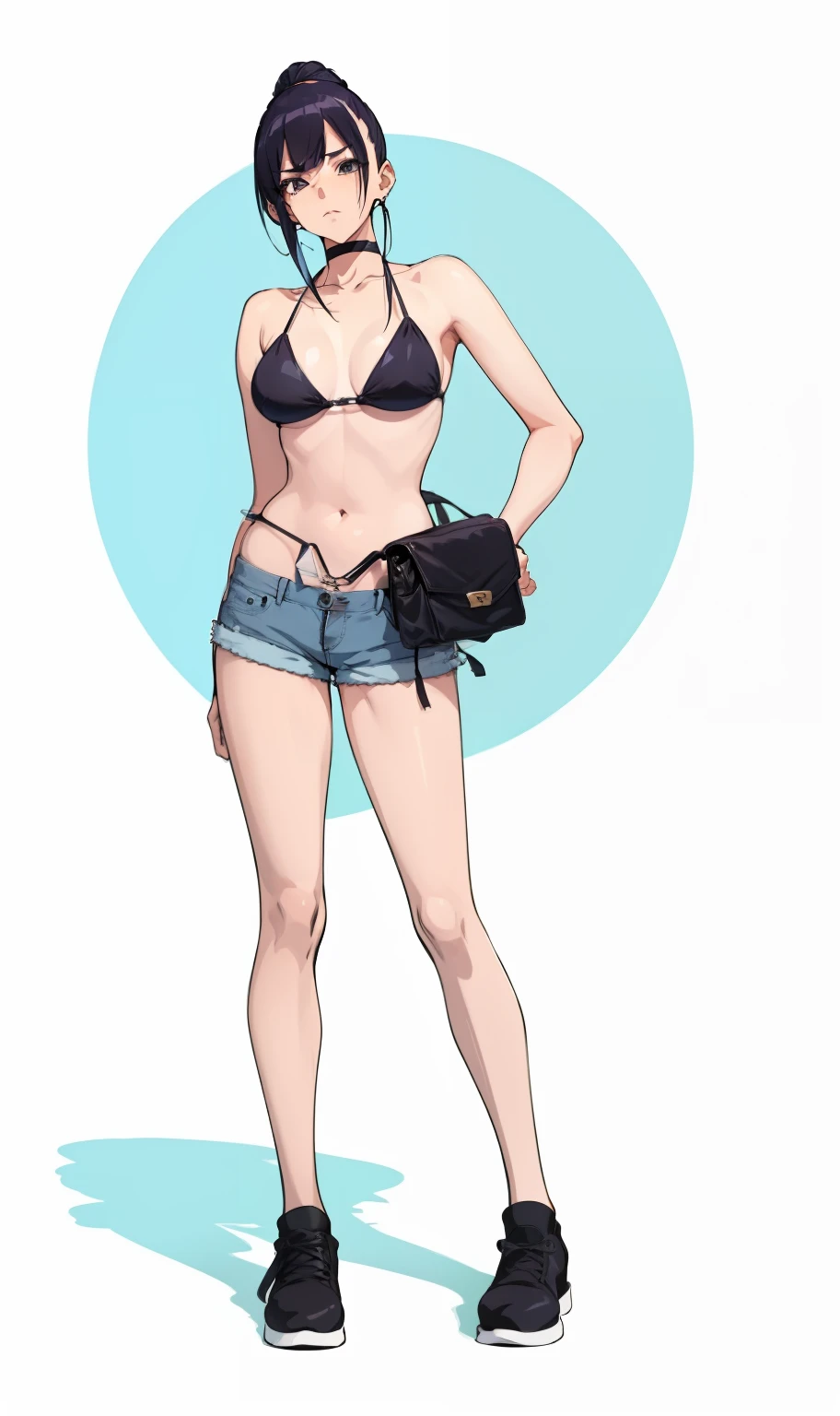 cartoon of a woman in a bikini top and shorts with a purse, de meninas da linha de frente, meninas estilo linha de frente, detalhes finos. meninas da linha de frente, foco nas coxas, menina anime sedutora, roupa reveladora, noire cena mal-humorada, estilo anime ecchi, cell shaded adult animation, SFW Version, (sfw) seguro para o trabalho, Varied positions, seios grandes, cabelo preto