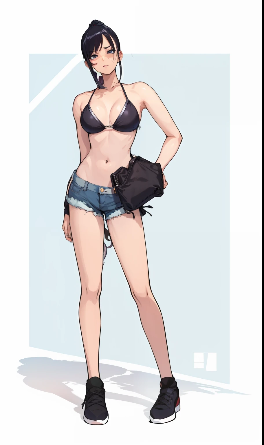 cartoon of a woman in a bikini top and shorts with a purse, de s da linha de frente, meninalo linha de frente, detalhes finos. meninas da le frente, foco nas coxas, menina anime sedutoupa reveladora, noire cena mal-humorada, estilo anime ecchi, cell shaded adult animation, SFW Version, (sfw) seguro para o trabalho, Varied positions, seios grandes, cabelo preto