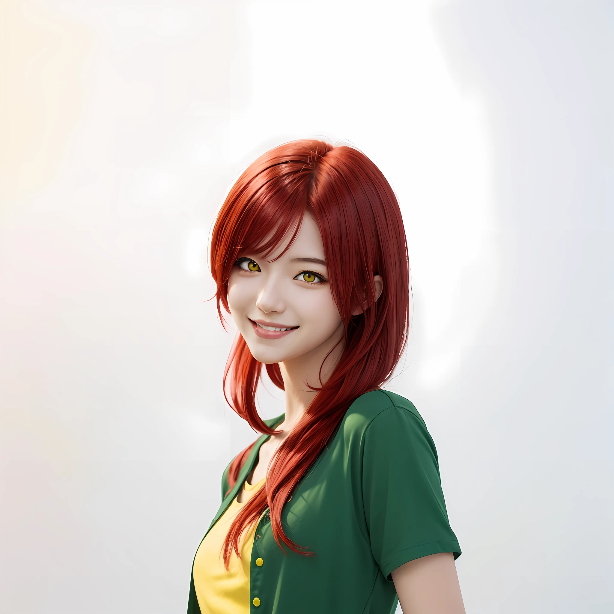 anime girl with red hair and green shirt standing, in an anime style, she has red hair, in anime style, light smile, anime style character, made with anime painter studio, red hair, (yellow eyes:1.3)