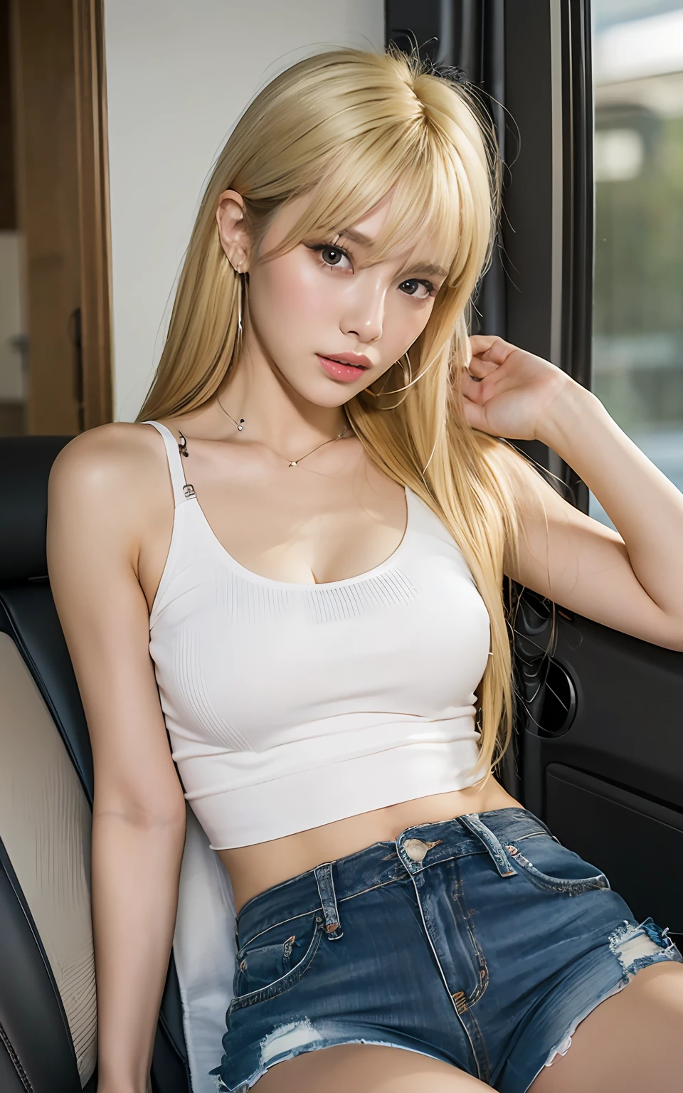 Highly detailed CG Unity 8k wallpaper, top quality, super detailed, masterpiece, realistic, photo realistic, very detailed cute girl, 25 years old,  ((blonde hair:1.4)), ((dyed blonde)), (gyaru), round eyes, viewer,  blush, parted lips, half body shot ,
tank top, shorts, car, sitting