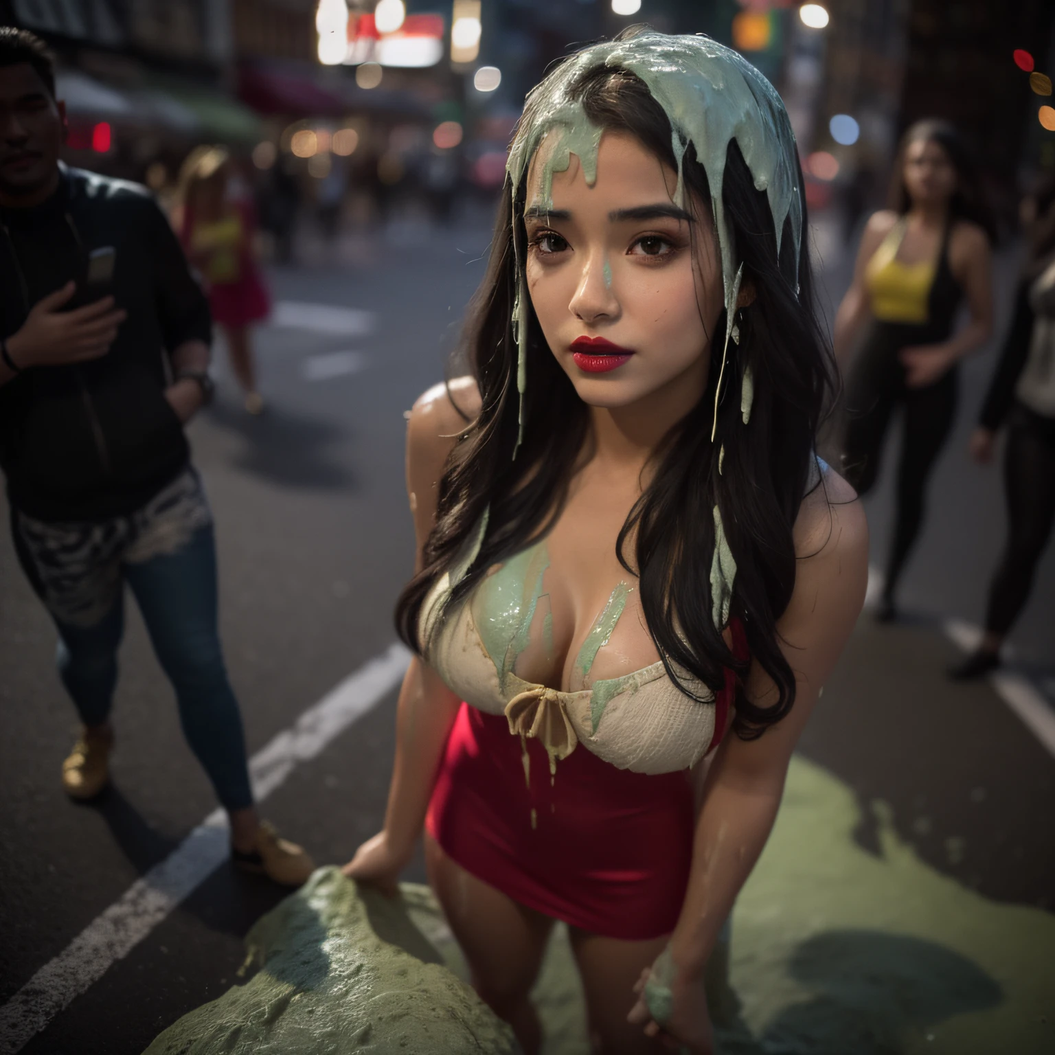 21-year-old African American model, 1 girl, fashionable dress, trendy, walking at night, New York City, lens flairs, portrait photography, delicate face, delicate eyes, red lipstick, short wavy layered hair, cleavage, full body, (sludge dripping down head: 1.6), super realistic, hyper detailed,