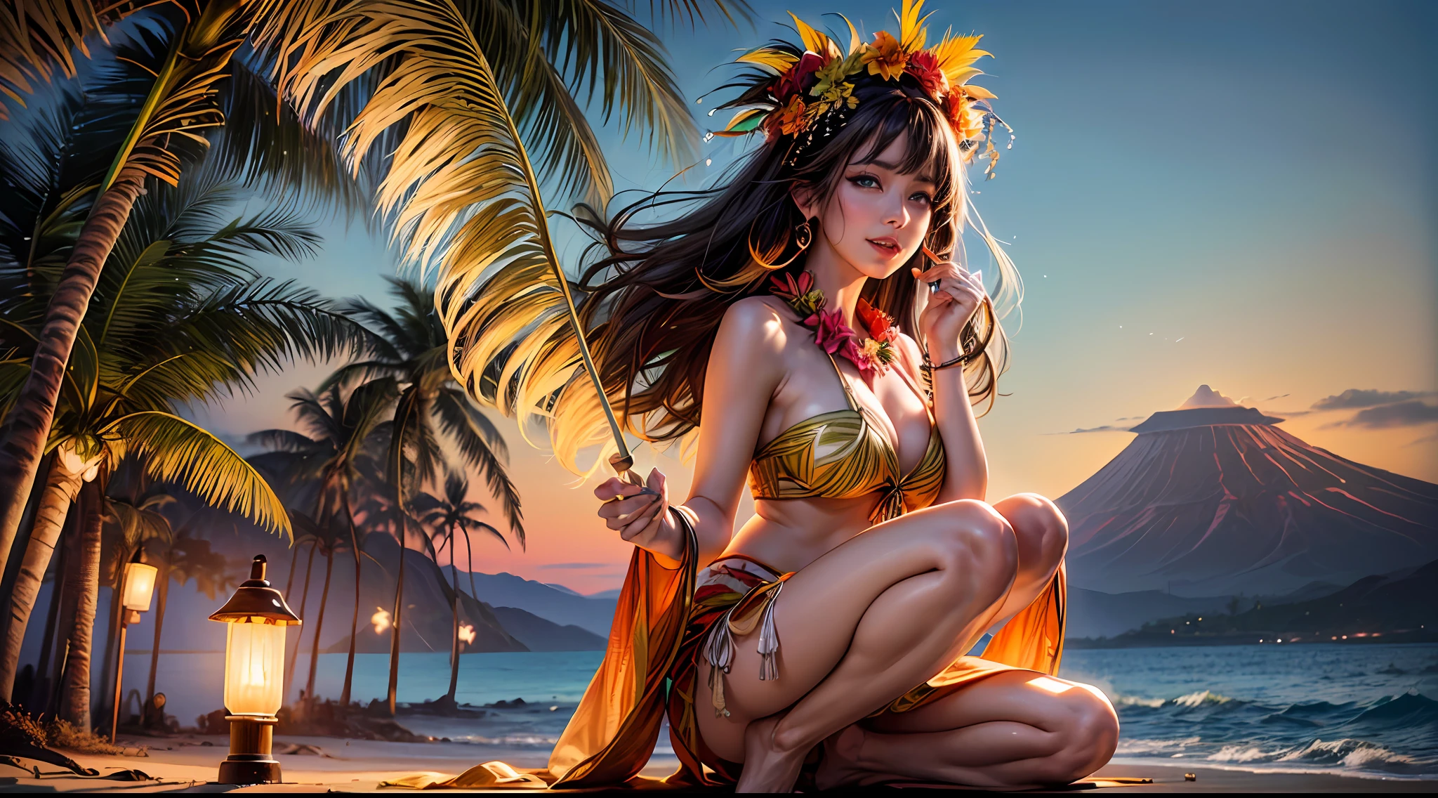 A tall mature (hula dancer:1.32)_goddess,
(in traditional Hawaiian attire:1.24), (floral lei:1.26), (grass skirt:1.23), (barefoot:1.21), (long, wavy, brown hair:1.25), (sparkling blue eyes:1.22), (radiant smile:1.28), (exotic flower in hair:1.29), (graceful hands holding uli uli:1.31),

(sunset on a Hawaiian beach:1.33), (palm trees swaying gently:1.27), (volcano in the distance:1.26), (crashing ocean waves:1.28), (lush tropical foliage:1.24), (tiki torches illuminating the scene:1.29), (luau feast spread out:1.3), (group of spectators in awe:1.22),

(enigmatic gaze:1.34), (full body shot:1.23), (intricately detailed:1.33),

warm color palette, dramatic shadows, vivid hues, soft ambient light, glowing skin tone,

(8K:1.37), (Ultra high res:1.35), (photorealistic:1.38), (official art:1.36)