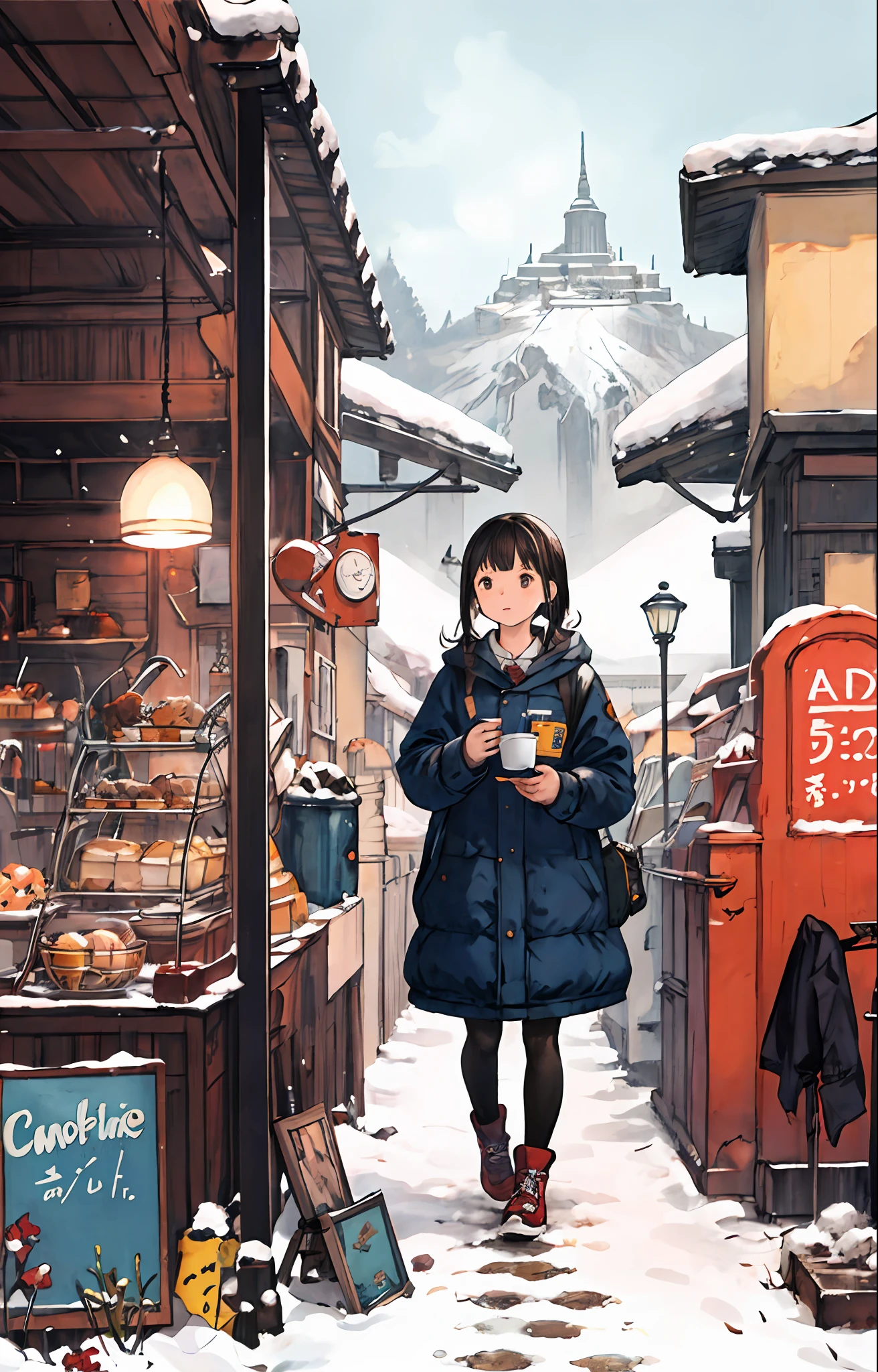 best quality, detailed background, girl,sea, cafeteria, bird, snow, winter,