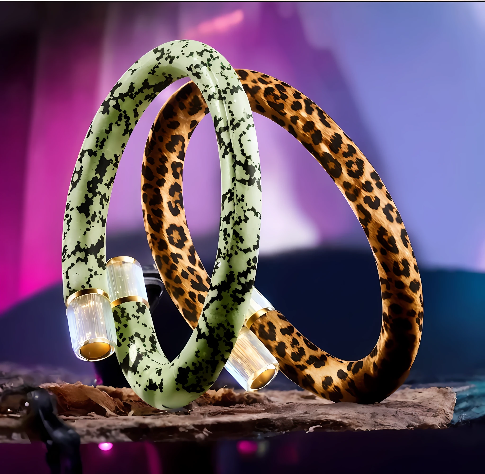 there are two bananas that are wrapped in a leopard print wrap, mixing, neon jungle, frightening, neon tube jewelry, bangles, coiled realistic serpents, detailed image, bangles, Author:Dietmar Dammelau, 🦩🪐🐞👩🏻🦳, intricate futuristic led jewelry, elaborate oled jewelry, ornate design, new design