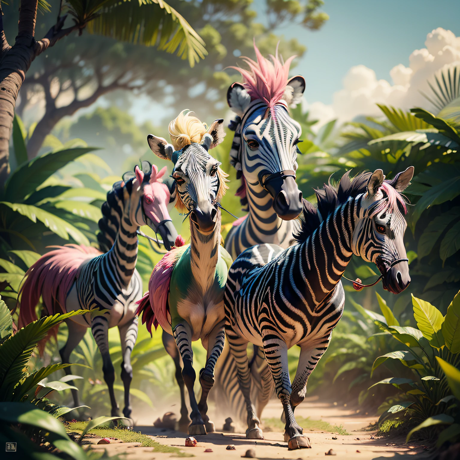 ((melhor qualidade)),((obra-prima)), hyper realistic illustration, ((ultra detalhada)),, Estrutura da cena: Floresta encantada: animais e gnomos felizes, magic mushrooms in the background. Winged zebras and flamingos dancing Hawaiian. Mata tropical densa. Chuva molhada. Lindo por do sol incidindo, luz de cinema, kinematic, detalhes intrincados. Folhagem ricas em detalhes por Pixxar, Walt Disney