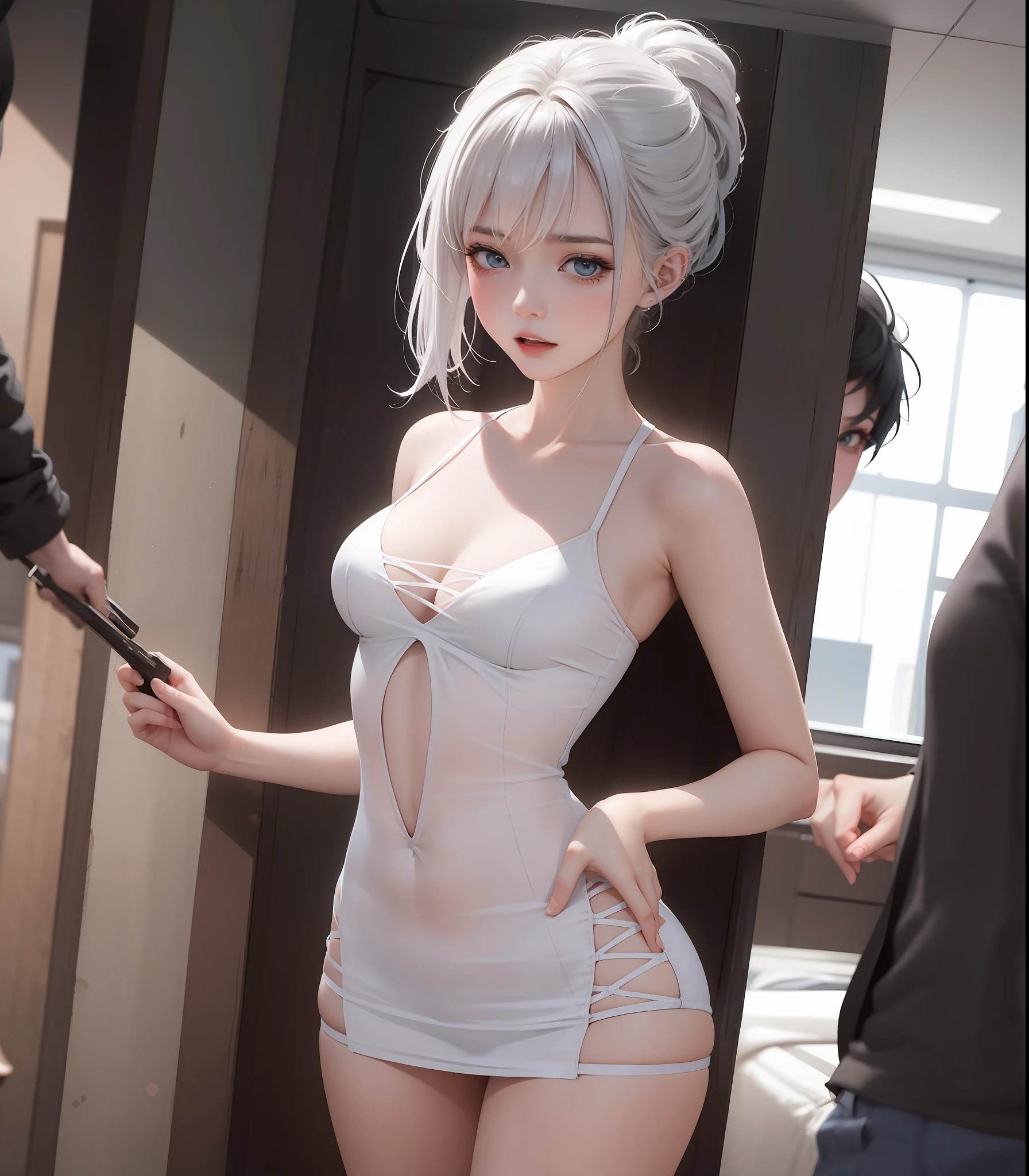 (The appearance of women is1Only the first name and no further appearances、We strictly adhere to)、(Ladies1Names and male majority)、She seduces in front of the guys in a crowded classroom、Extremely Sexy、Yandere Facial Expression、Very embarrassed look、Women are glad to be seen、But women are embarrassed、Tense、Erotic atmosphere、The height of shame、blush cheeks、proud、rather slim figure、Seductive E cup large beautiful breasts、Expressing a beautiful bust in the front、Sexy hip line、Slightly NSFW、Keep your hair color、short haired、Small ponytail、bra less、no panties、A white costume with a lot of transparent exposure that sticks to the white body、Very tight revealing outfit in white、White revealing clothing、White skimpy clothing、See-through small costume in white、White skimpy outfit、Bold revealing outfits in white、A very shameful revealing costume in white、Many men stare at me、Men glued their gaze to women、Men surround women、Women are surrounded by men、Very lascivious men、Men sexually harass women、Men are so eager to sexually harass women、Guys want to touch a woman's bust、Guys want to touch women's hips、Depicts the male majority in more detail、Let a large number of men play an active role、Medically correct body、(8K Video)、highly-detailing