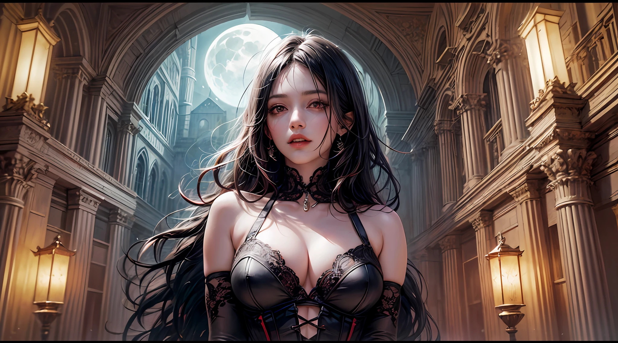 A tall mature (vampire:1.25)_goddess, (blood-red:1.13) eyes gleaming with (cunning:1.10) and (seduction:1.02). Her (jet-black:1.20) hair cascades down to her (slender:1.23) waist, framing her (pale:1.17) face and (sharp:1.19) cheekbones. Her lips, (deep crimson:1.03), slightly part to reveal (gleaming:1.16) fangs. Her body is draped in a (gossamer:1.08) gown that accentuates her (graceful:1.10) curves and the (vibrant red:1.01) of her corset.
She stands in the heart of an (ancient:1.04) (castle:1.20), grand staircases, stone arches, and (flickering:1.07) torches casting long shadows. The outside seen through towering windows is a (nighttime:1.22) landscape under a (full moon:1.12).
The color palette focuses on (deep blacks:1.12), (rich reds:1.02), and (moonlit whites:1.20).
Composition: (low angle view:1.09), (centered focus:1.15), (high contrast:1.06), (shadow play:1.19), (soft edges:1.18)
warm color palette, dramatic shadows, vivid hues, soft ambient light, glowing skin tone,
(8K:1.37), (Ultra high res:1.35), (photorealistic:1.38), (official art:1.36)