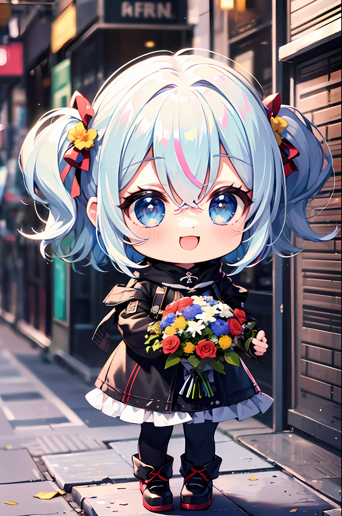 (Chibi: 1.3), happy, (holding a bouquet), full body,