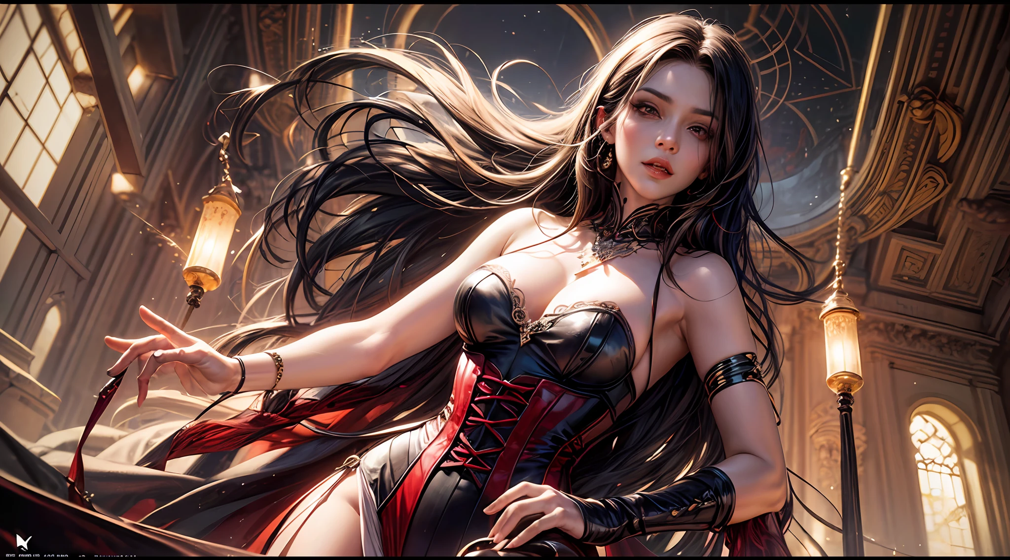 A tall mature (vampire:1.25)_goddess, (blood-red:1.13) eyes gleaming with (cunning:1.10) and (seduction:1.02). Her (jet-black:1.20) hair cascades down to her (slender:1.23) waist, framing her (pale:1.17) face and (sharp:1.19) cheekbones. Her lips, (deep crimson:1.03), slightly part to reveal (gleaming:1.16) fangs. Her body is draped in a (gossamer:1.08) gown that accentuates her (graceful:1.10) curves and the (vibrant red:1.01) of her corset.
She stands in the heart of an (ancient:1.04) (castle:1.20), grand staircases, stone arches, and (flickering:1.07) torches casting long shadows. The outside seen through towering windows is a (nighttime:1.22) landscape under a (full moon:1.12).
The color palette focuses on (deep blacks:1.12), (rich reds:1.02), and (moonlit whites:1.20).
Composition: (low angle view:1.09), (centered focus:1.15), (high contrast:1.06), (shadow play:1.19), (soft edges:1.18)
warm color palette, dramatic shadows, vivid hues, soft ambient light, glowing skin tone,
(8K:1.37), (Ultra high res:1.35), (photorealistic:1.38), (official art:1.36)