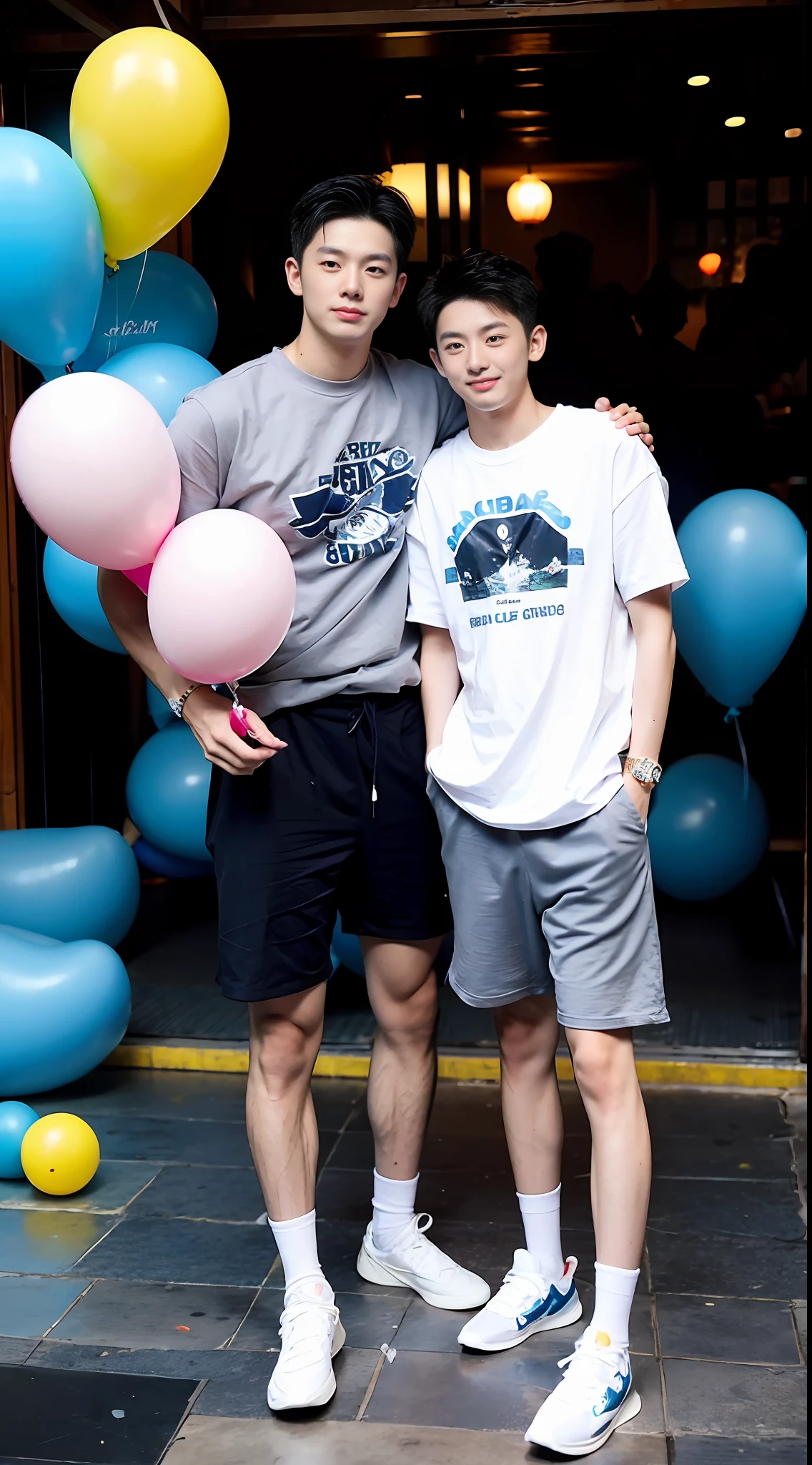 (handsome chinese guy:1.5),Two men holding balloons in their hands,The background is full of balloons,Atmosphere,Small fresh,detalhes realistas, photorealistic photo,Textured Skin,Looking towards the camera,18岁男生,studio,danshi koukousei,model,Long legs