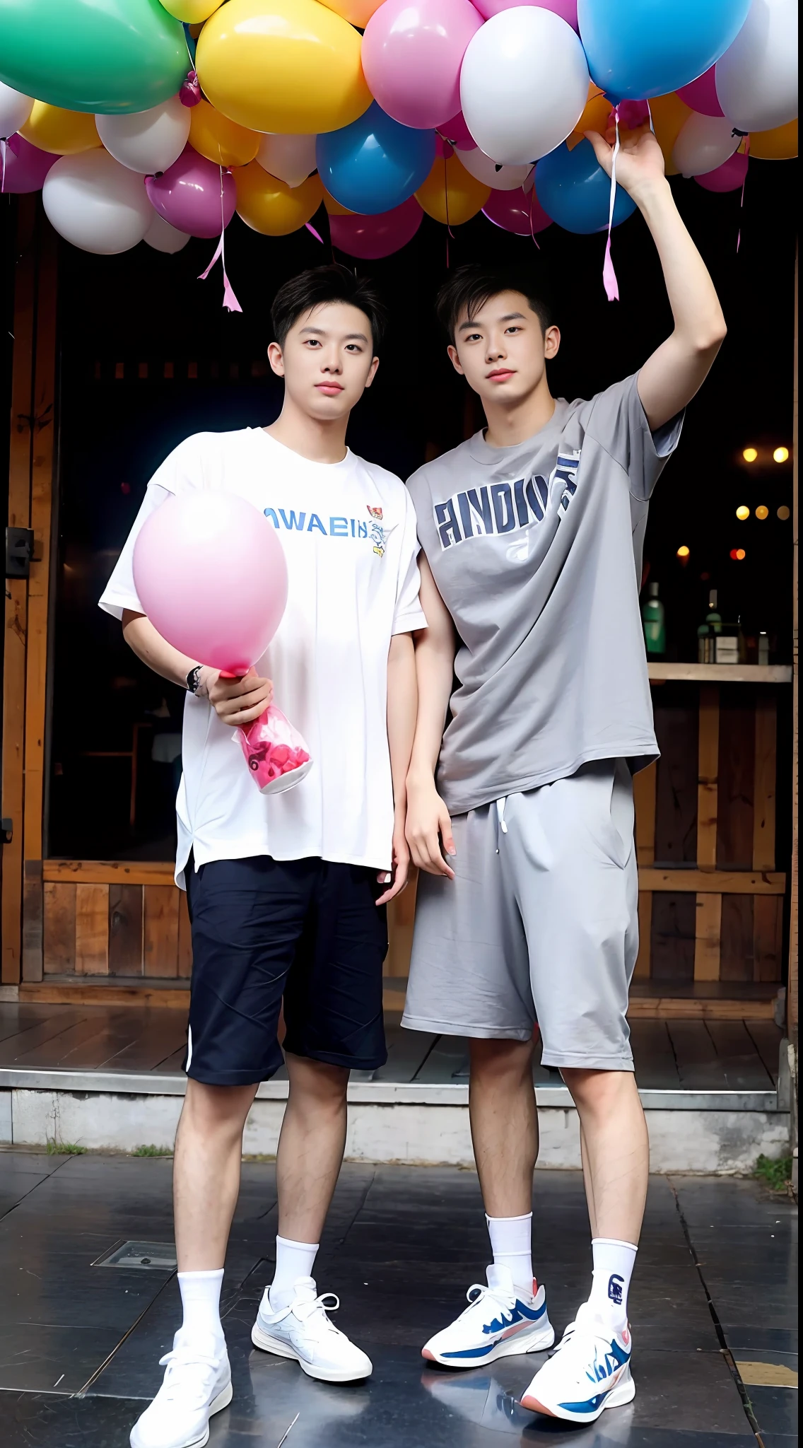 (handsome chinese guy:1.5),Two men holding balloons in their hands,The background is full of balloons,Atmosphere,Small fresh,detalhes realistas, photorealistic photo,Textured Skin,Looking towards the camera,18岁男生,studio,danshi koukousei,model,Long legs
