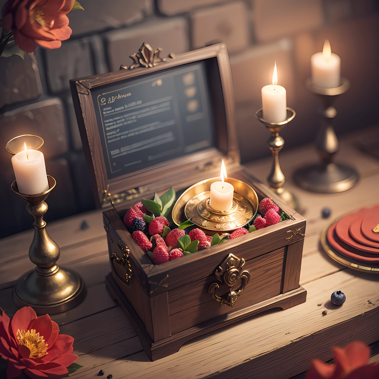 Dark room; Dim candlelight; Filled with diamonds，A treasure chest of gold bars(And berries，The diamond，petaled，Elf dust)，Place on the table; On the right stands a task; game background; Banner graph; SLG games; Size 1080x460