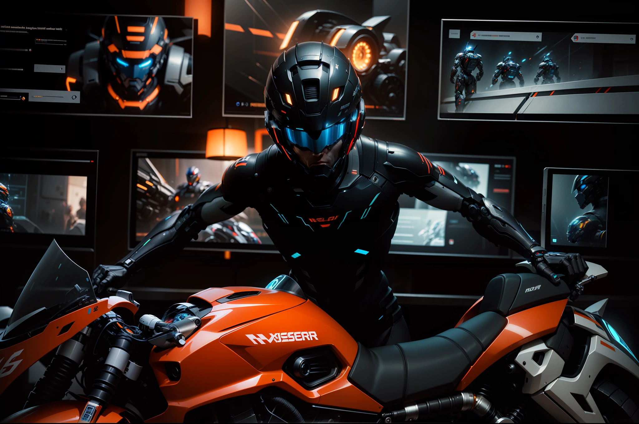 Handsome full body black mecha white short hair cyber handsome warrior, black cyber mechanical motorcycle, high-tech black full surround helmet, white short hair, Nousr, biomechanics, MSHN robot man, high-tech helmet, surreal, steel, complex design, crazy details, fine details, extremely clear lines, cinematic lighting, photo realism, detailed masterpiece