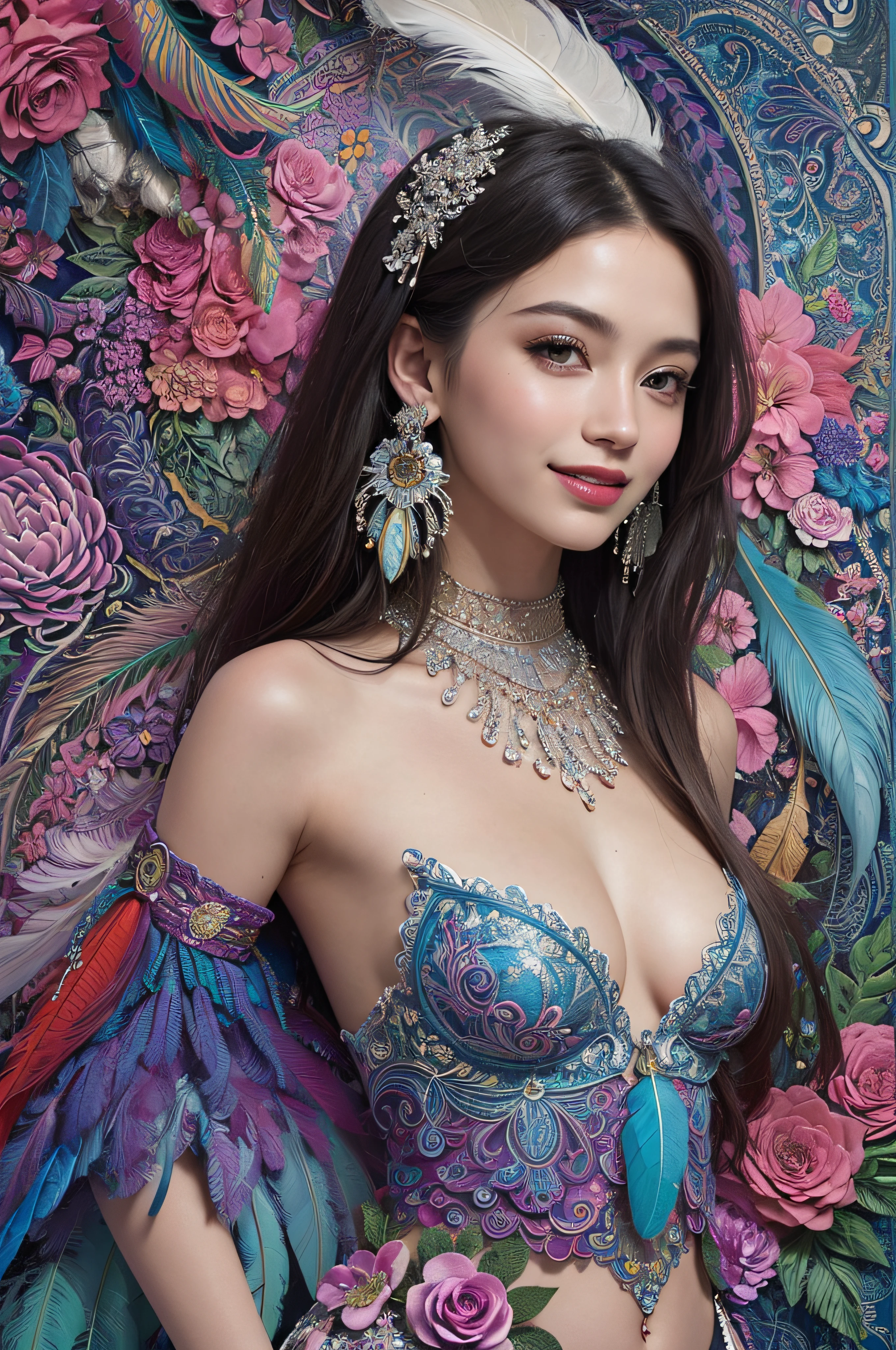 (masterpiece, top quality, best quality, official art, beautiful and aesthetic:1.2), (1girl:1.3), smiling, extremely detailed,(fractal art:1.1),(colorful:1.1)(flowers:1.3),highest detailed,(zentangle:1.2), full body, (abstract background:1.3), (shiny skin), (many colors:1.4), ,(earrings), (feathers:1.5),