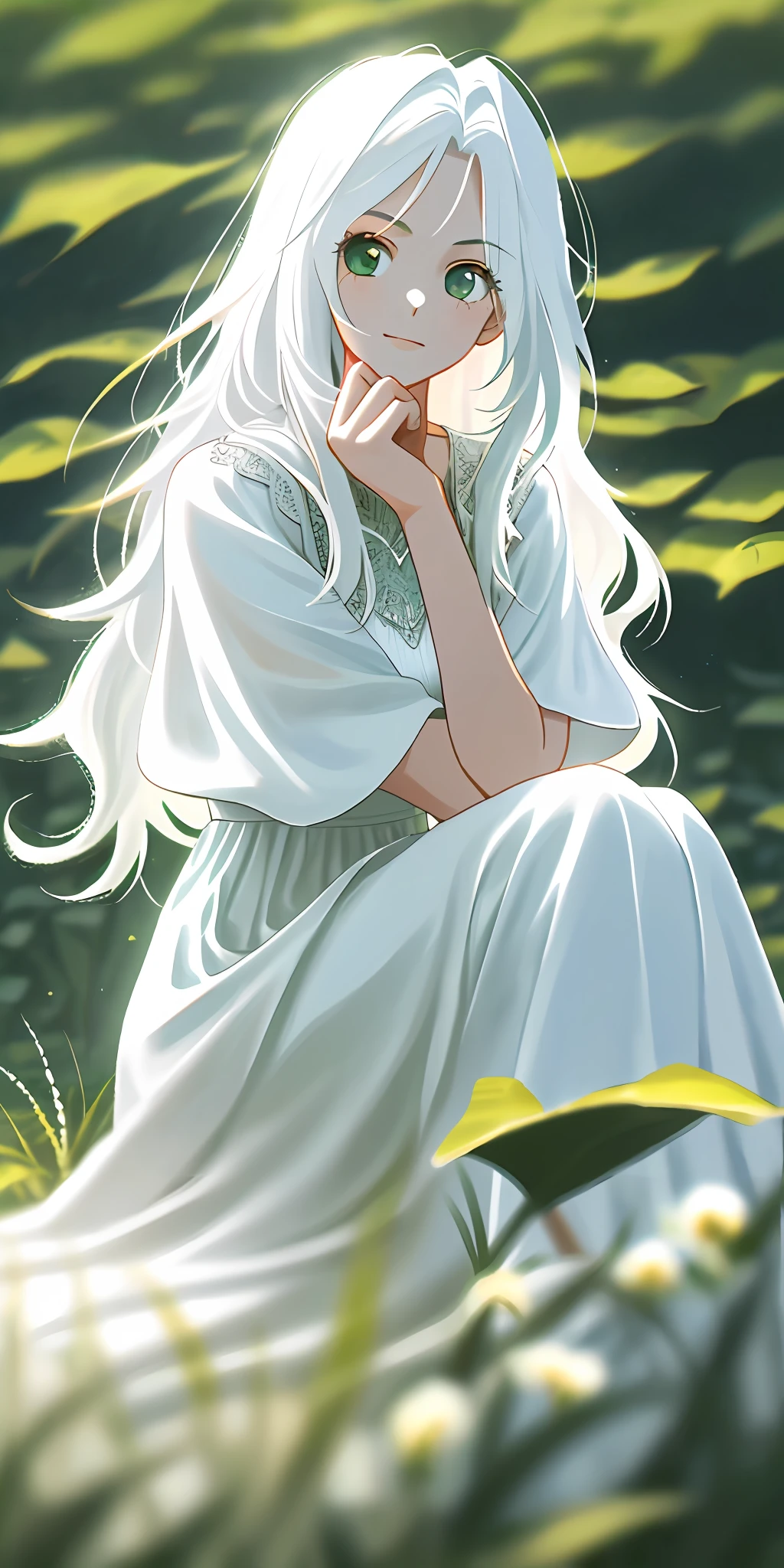 (masterpiece, best quality),1girl with long white hair sitting in a field of green plants and flowers, her hand under her chin, warm lighting, white dress, blurry foreground