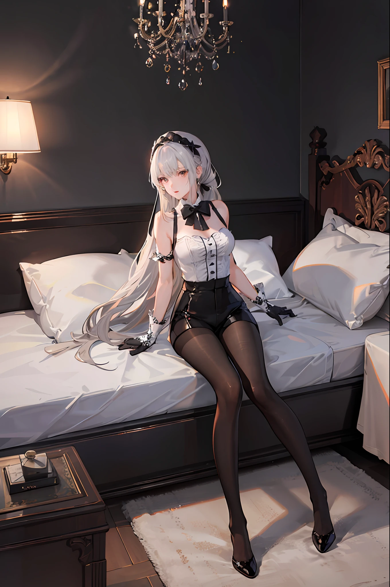 (((1 girl)),ray tracing,(dim lighting),[detailed background (bedroom)),((silver hair)),((silver hair)),(Fluffy silver hair, plump slender girl)) with high ponytail)))) Avoid blonde eyes in the ominous bedroom ((((Girl wears intricately embroidered black high-waisted pants with pantyhose) and white ruffled bow gloves), showing a delicate slim figure and graceful curves, correct limbs, sitting on the bed