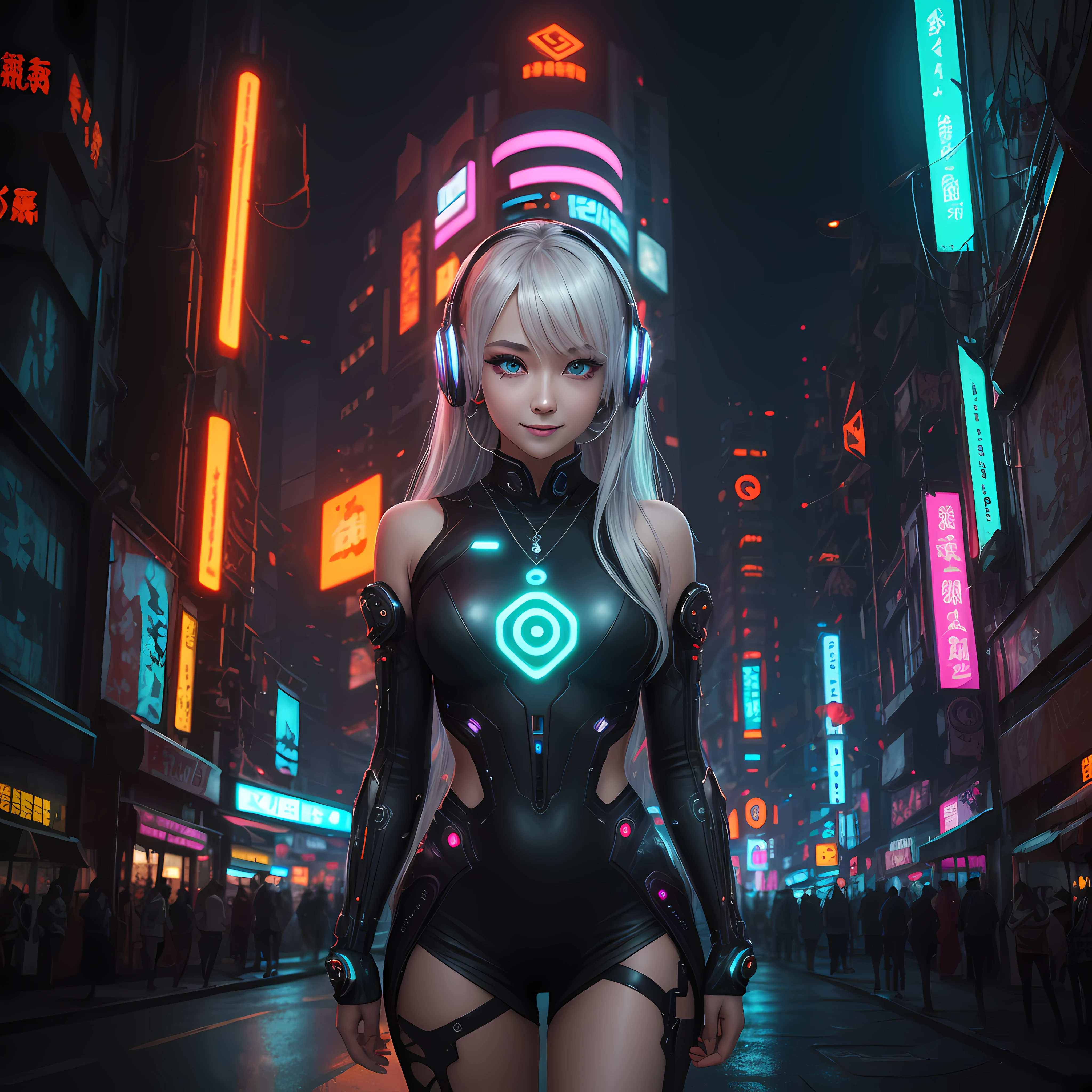 1 girl, Chinese_clothes, liquid silver and orange, cyberhan, cheongsam, cyberpunk city, dynamic pose, detailed luminous headphones, glowing hair accessories, long hair, glowing earrings, glowing necklace, cyberpunk, high-tech city, full of mechanical and futuristic elements, futuristic, technology, glowing neon, orange, orange light, transparent tulle, transparent streamers, laser, digital background urban sky, big moon, with vehicles, best quality, masterpiece, 8K, character edge light, Super high detail, high quality, the most beautiful woman in human beings, micro smile, face facing front and left and right symmetry, ear decoration, beautiful pupils, light effects, visual data, silver white hair, super detail facial texture --auto