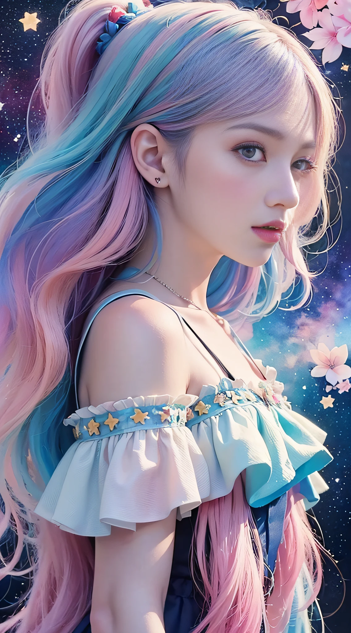(masterpiece, top quality, best quality,watercolor (medium),official art, beautiful and aesthetic:1.2),(1girl:1.3), (fractal art:1.3),upper body, from side, looking at viewer,patterns,(rainbow color Hair,colorful hair,half blue and half pink hair:1.2),water,liquid, cloud,colorful, starry,stars,
