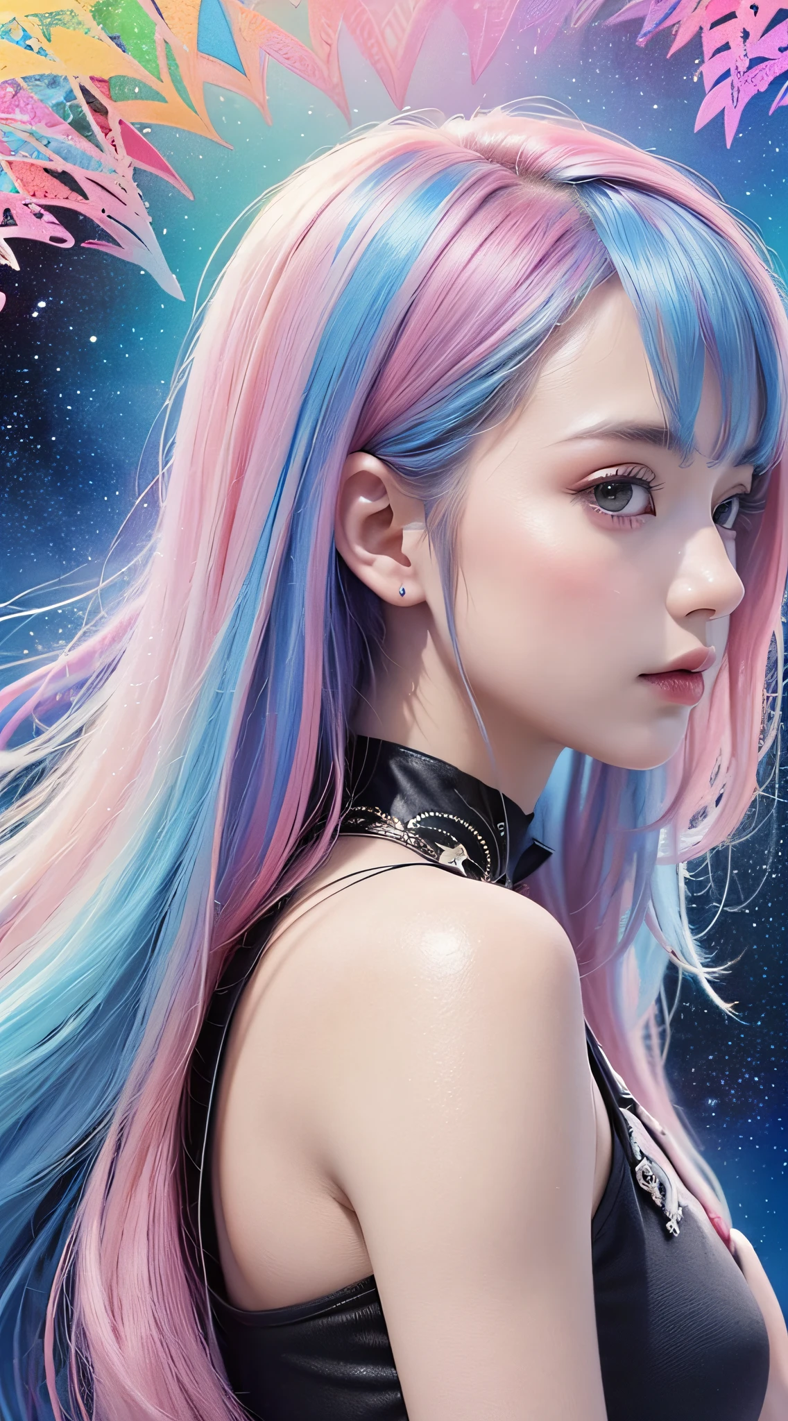 (masterpiece, top quality, best quality,watercolor (medium),official art, beautiful and aesthetic:1.2),(1girl:1.3), (fractal art:1.3),upper body, from side, looking at viewer,patterns,(rainbow color Hair,colorful hair,half blue and half pink hair:1.2),water,liquid, cloud,colorful, starry,stars,