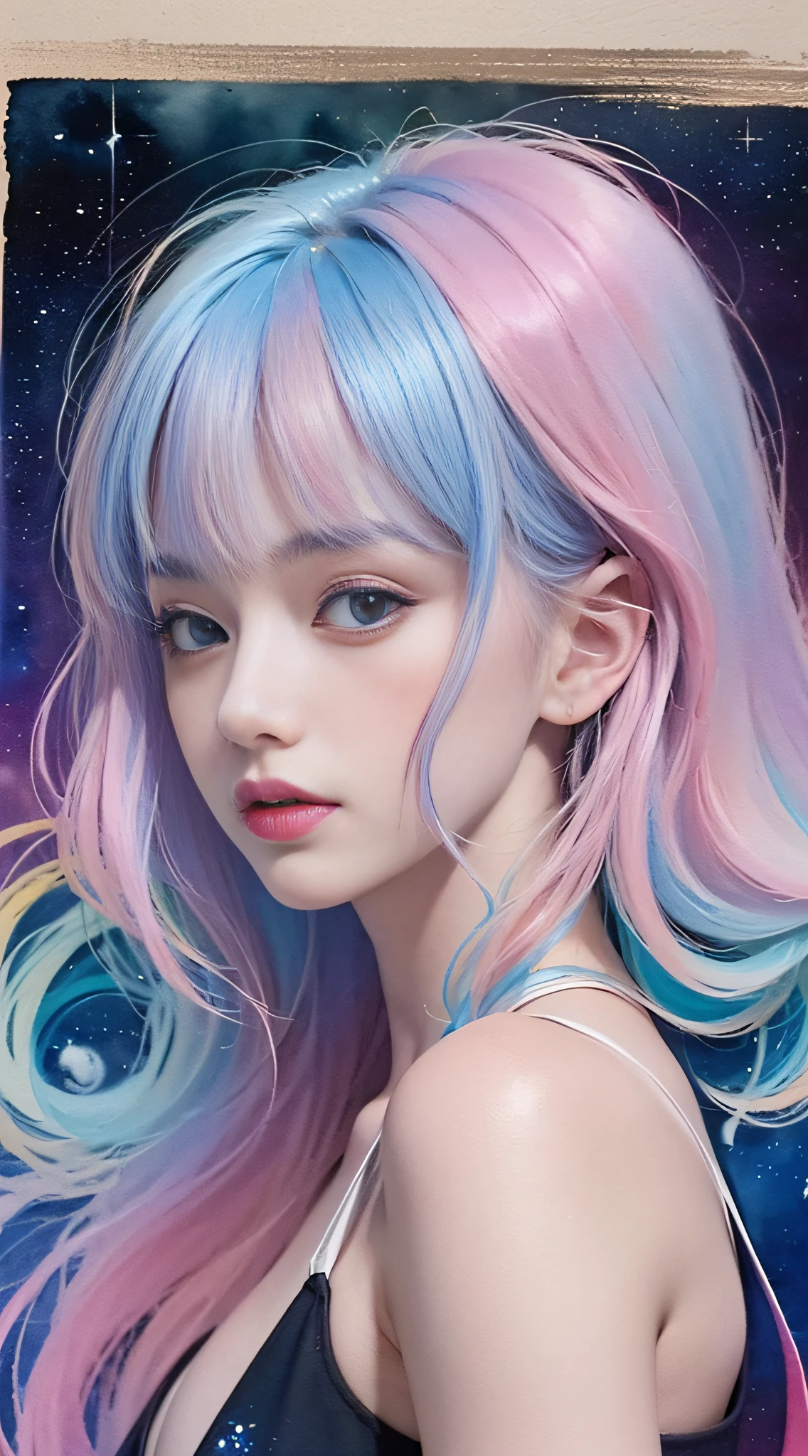 (masterpiece, top quality, best quality,watercolor (medium),official art, beautiful and aesthetic:1.2),(1girl:1.3), (fractal art:1.3),upper body, from side, looking at viewer,patterns,(rainbow color Hair,colorful hair,half blue and half pink hair:1.2),water,liquid, cloud,colorful, starry,stars,
