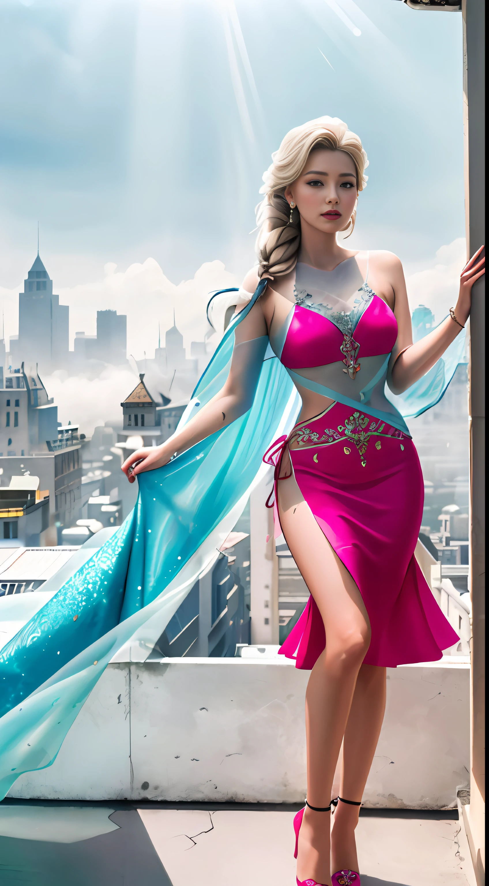 (1 girl:1.3), solo, (((very detailled face))),((Very detailed eyes and face))),Beautiful Detail Eye,Body parts__,official arts,Unified 8k wallpaper,is super detailed,Beautiful and beautiful,bella,MasterPiece,best best quality,primitive,MasterPiece,ultra fine photo,best best quality,Ultra-great resolution,photorealistic realism,sunrays,fullbody portrait,amazingly beautiful,,dynamicpose,Delicate Faces,vibrant eye,(FROM FRONT), She wears a pink bikini,Red, pink colors、 black in color、Yellow color scheme,Spider,Very detailed city roof background, Roof,overlooking the city,Detailed face,detailed complex busy background,untidy,Ornate,Milky White,Highly detailed skin,Realistic Skin Details,Visible pores,Crisp focus,volume fog,8K UHD,digital DSLR camera,high quailty,filmgrain,Fair Skin,Photo realism,iustration,A huge metropolis of the dystopia of the future, translucence,FULLBODY,Princess Elsa dress,blue skirt