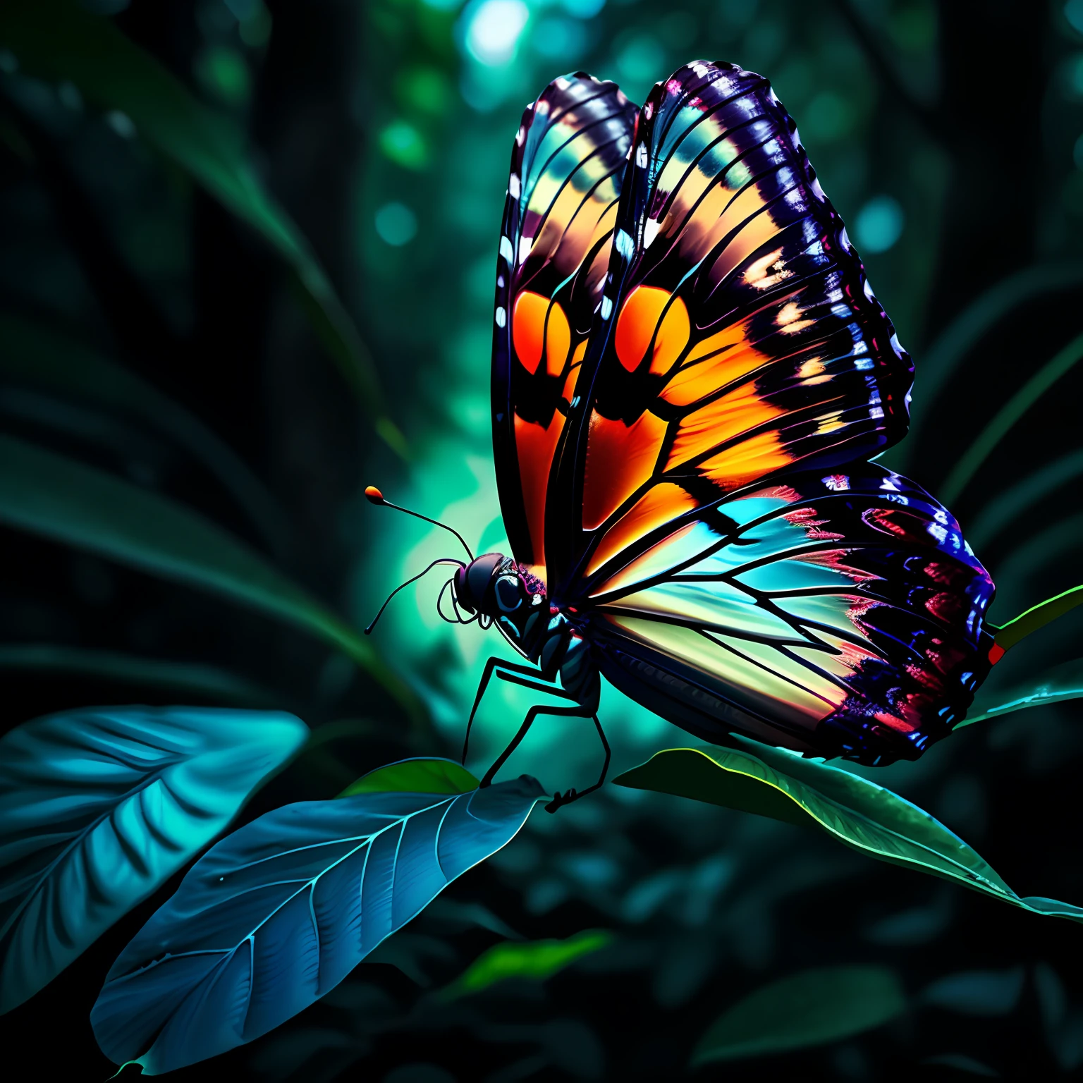 Morpho butterfly, Colorful with a focus on blue、, yang08k, photography, bella, with black background, Obra-prima, Max Quality, Max Quality, OFFICIAL ART, Beautiful and Aesthetic, realistice,Flying through the forest,Shine,