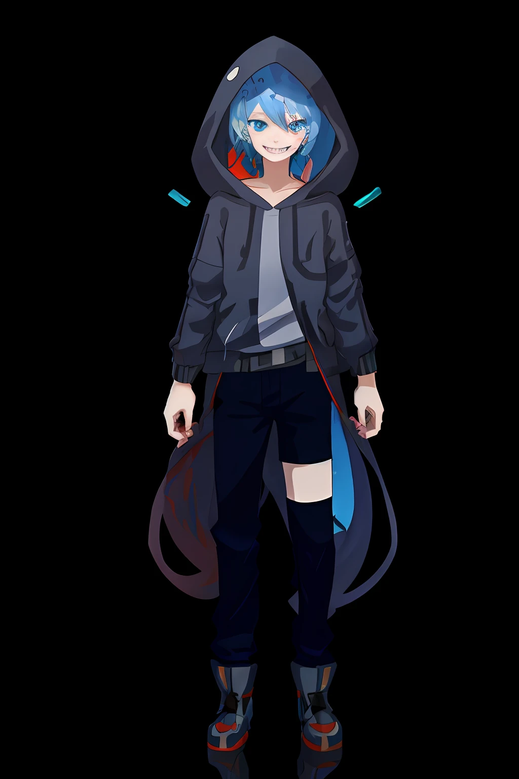Blue eyes, fangs, smile, imp, male Shota's face