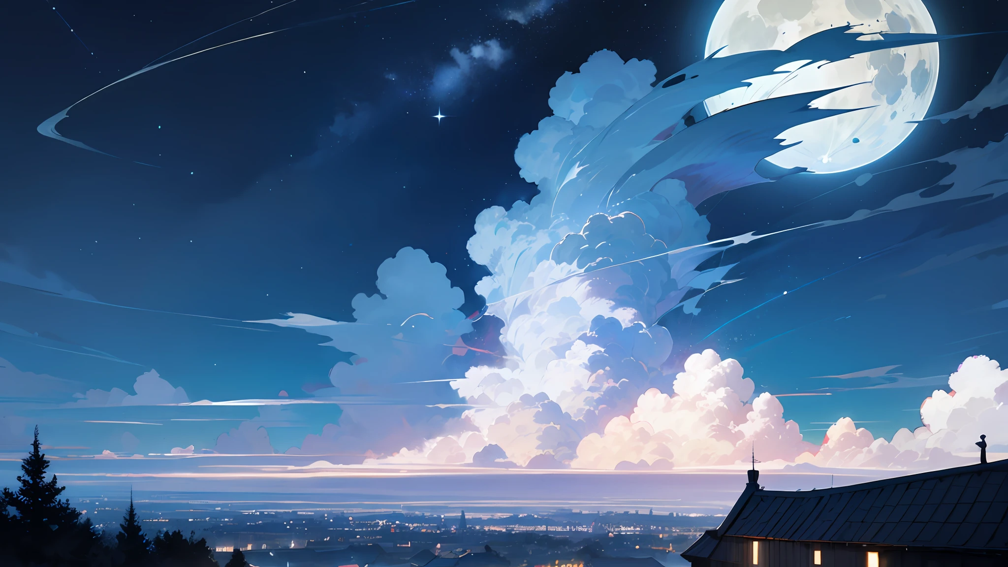 humpback, cloud,(building), sky, moon, star (sky), scenery, no humans, starry sky, night, fish, night sky, full moon, cloudy sky, outdoors, fantasy