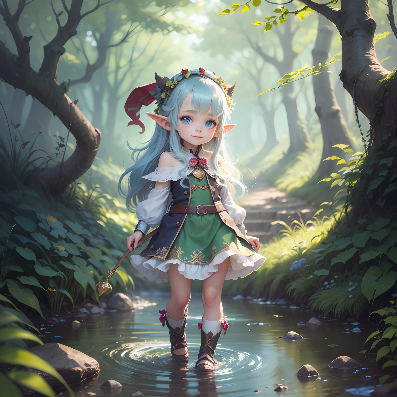 in the forehand a colorful , sharp and vibrant enchanted forest with a little stream (adorable digital painting, cute detailed digital art). Add on the right of image a very little miniature of Lilly (little elf girl 6 year's old with big and sweet blue eyes, long blue hair, cute face, adorable digital painting, portrait of very beautiful elf, cute detailed digital art, with a sly look and a very mischievous expression) very little miniature. --auto --s2