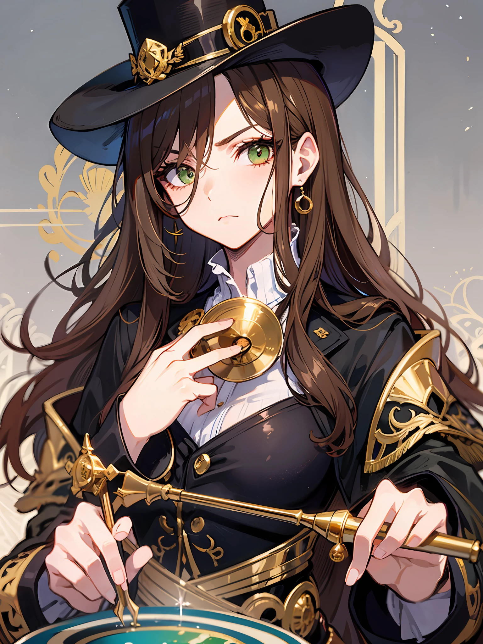 brownhair,green eye,Black coat,Gold monocle,drinking tea,In London,serious,shojo,Black top hat
