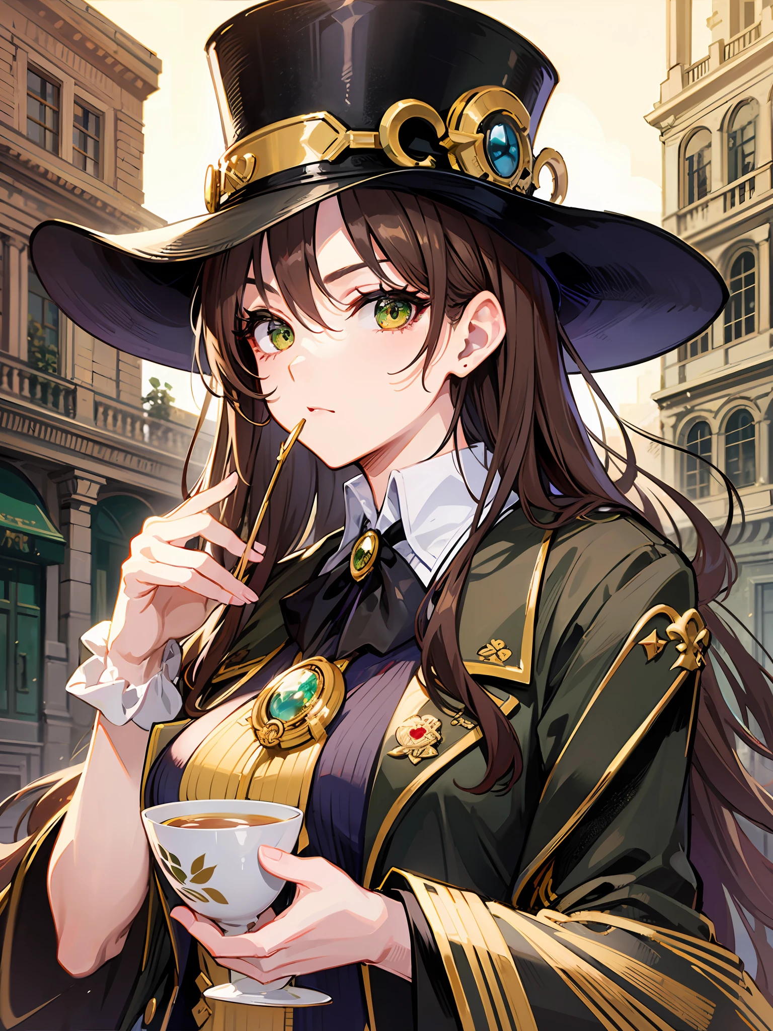 brownhair，green eye，Black coat，Gold monocle，drinking tea，In London，serious，shojo，Black top hat
